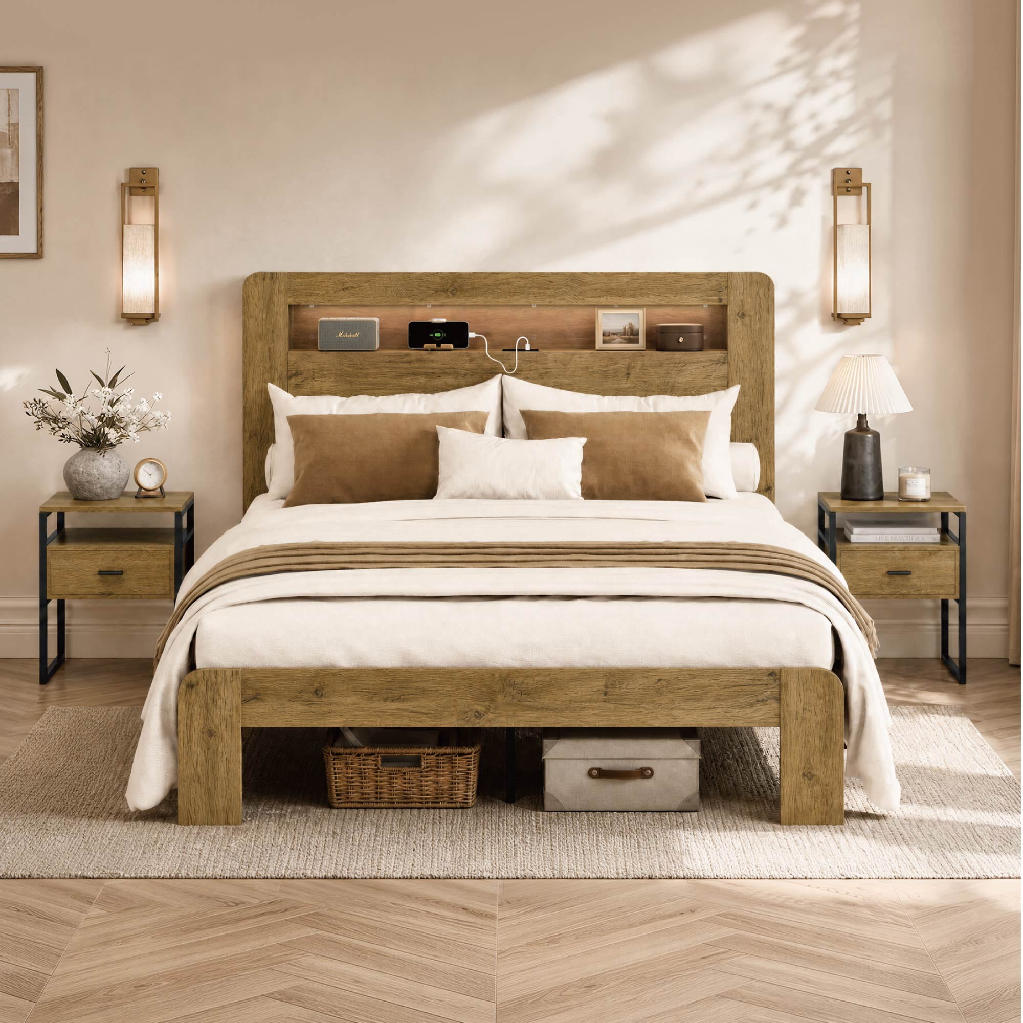 Spruce & Spring Modern Wood Queen Bed Frame with LED Lights, Storage Headboard & Charging Station, Noise-Free, No Box Spring Required, Easy Assembly, Nature