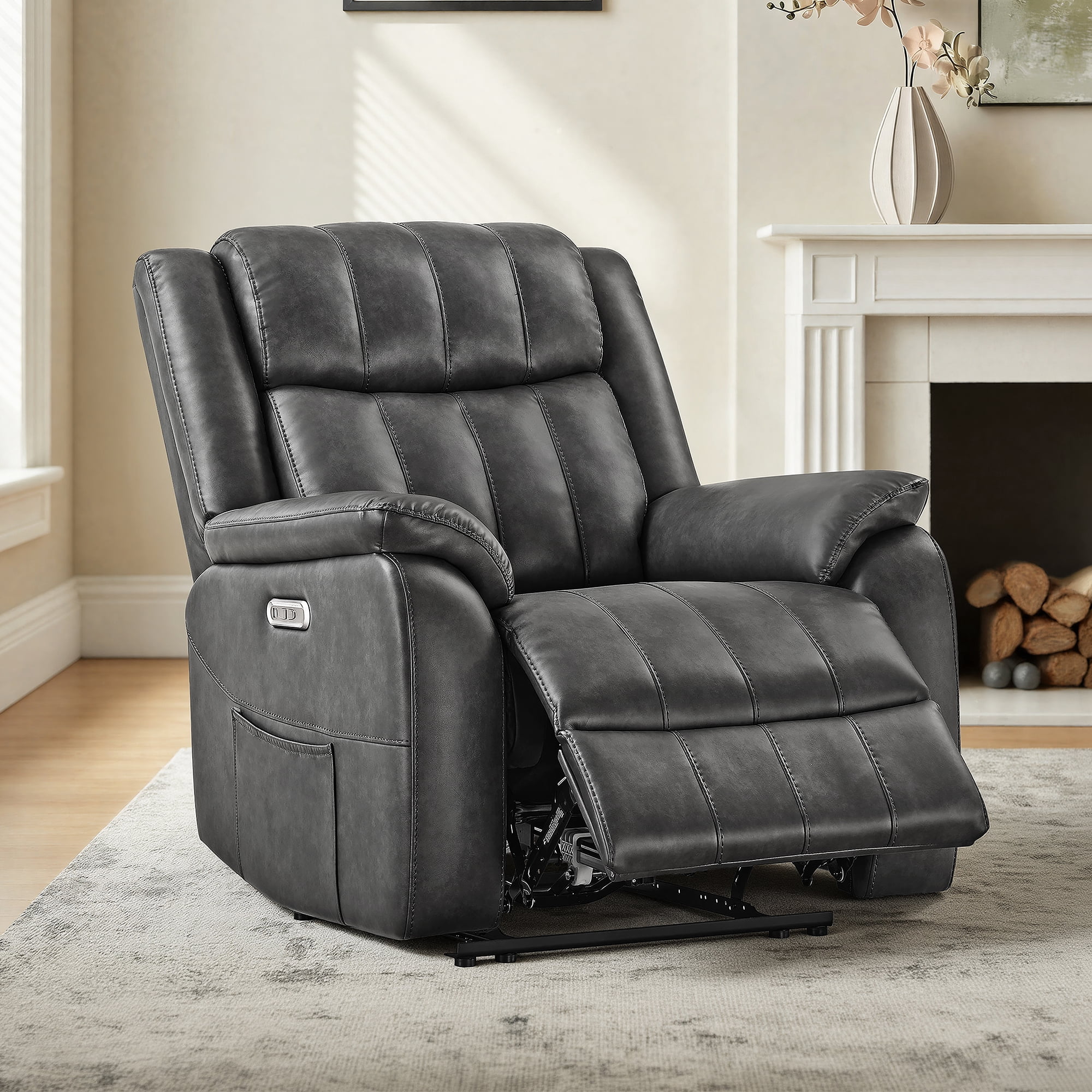 Spruce & Spring Power Recliner Chair, Modern Faux Leather Wall Hugger Electric Recliner Sofa with Channel Tufted Back and Overstuffed Armrests, Adjustable Living Room Single Sofa, Gray