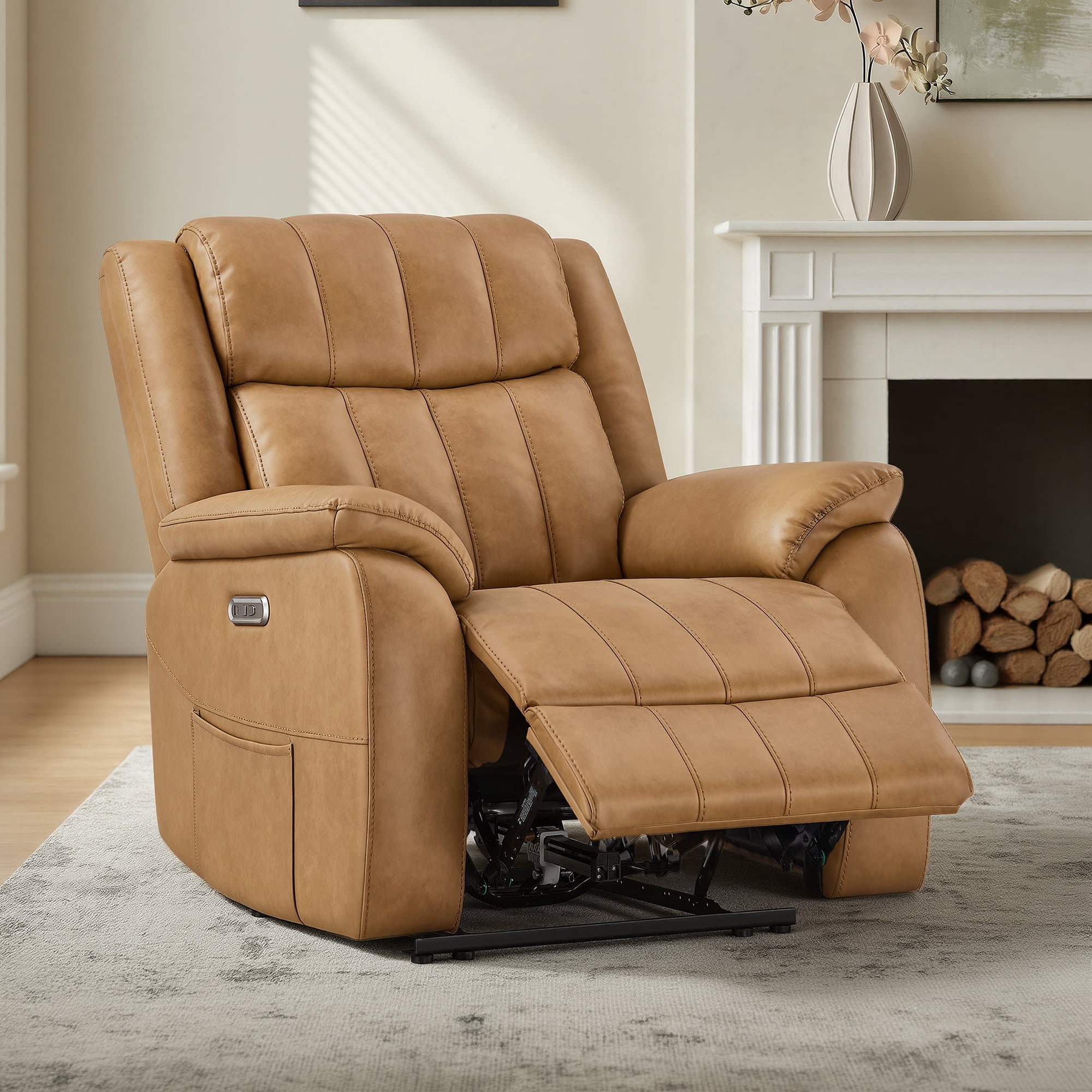 Spruce & Spring Power Recliner Chair, Modern Faux Leather Wall Hugger Electric Recliner Sofa with Channel Tufted Back and Overstuffed Armrests, Adjustable Living Room Single Sofa, Saddle Brown