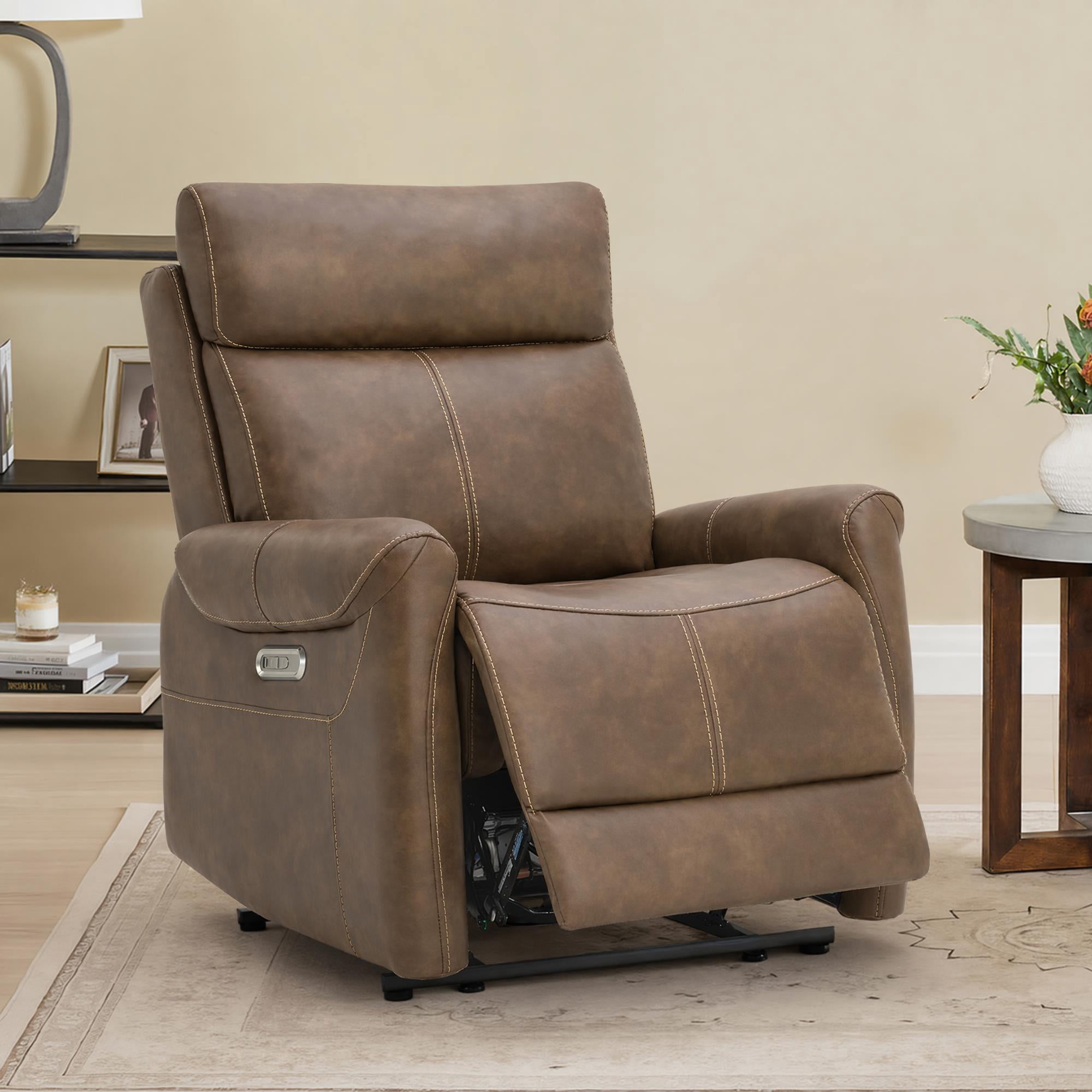 Spruce & Spring Power Recliner Chair, Wall Hugger Reclining Chair for Living Room, Bedroom, Faux Leather, Brown