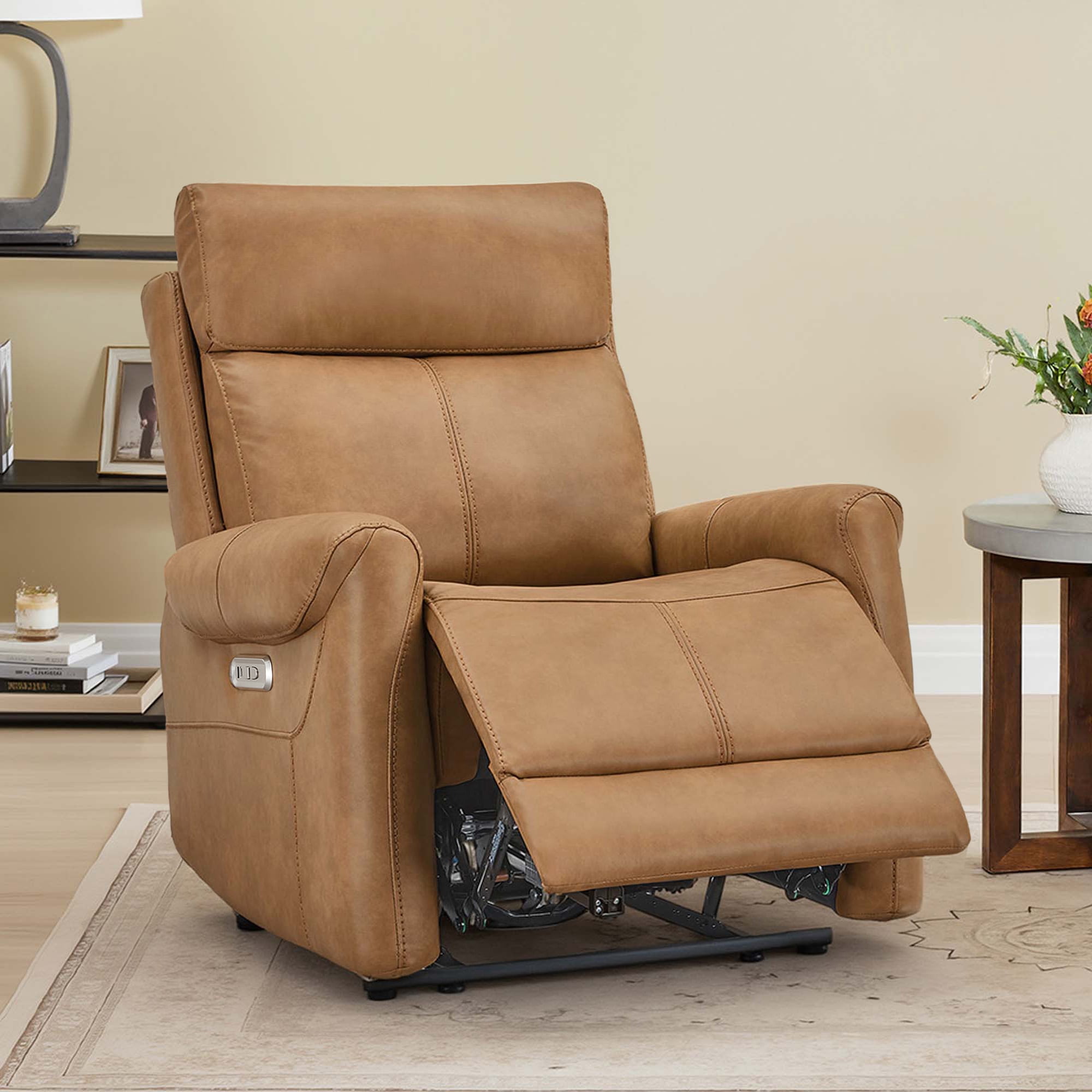 Spruce & Spring Power Recliner Chair, Wall Hugger Reclining Chair for Living Room, Bedroom, Faux Leather, Saddle Brown