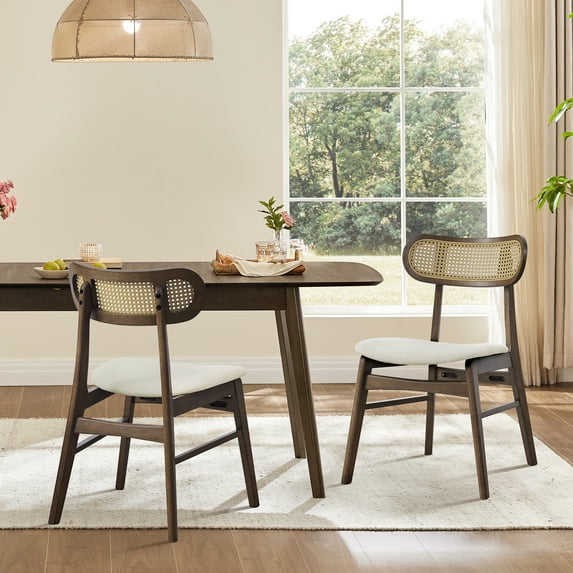 Spruce & Spring Rattan-Back Upholstered Dining Chair with Wooden Frame Set of 2, Walnut