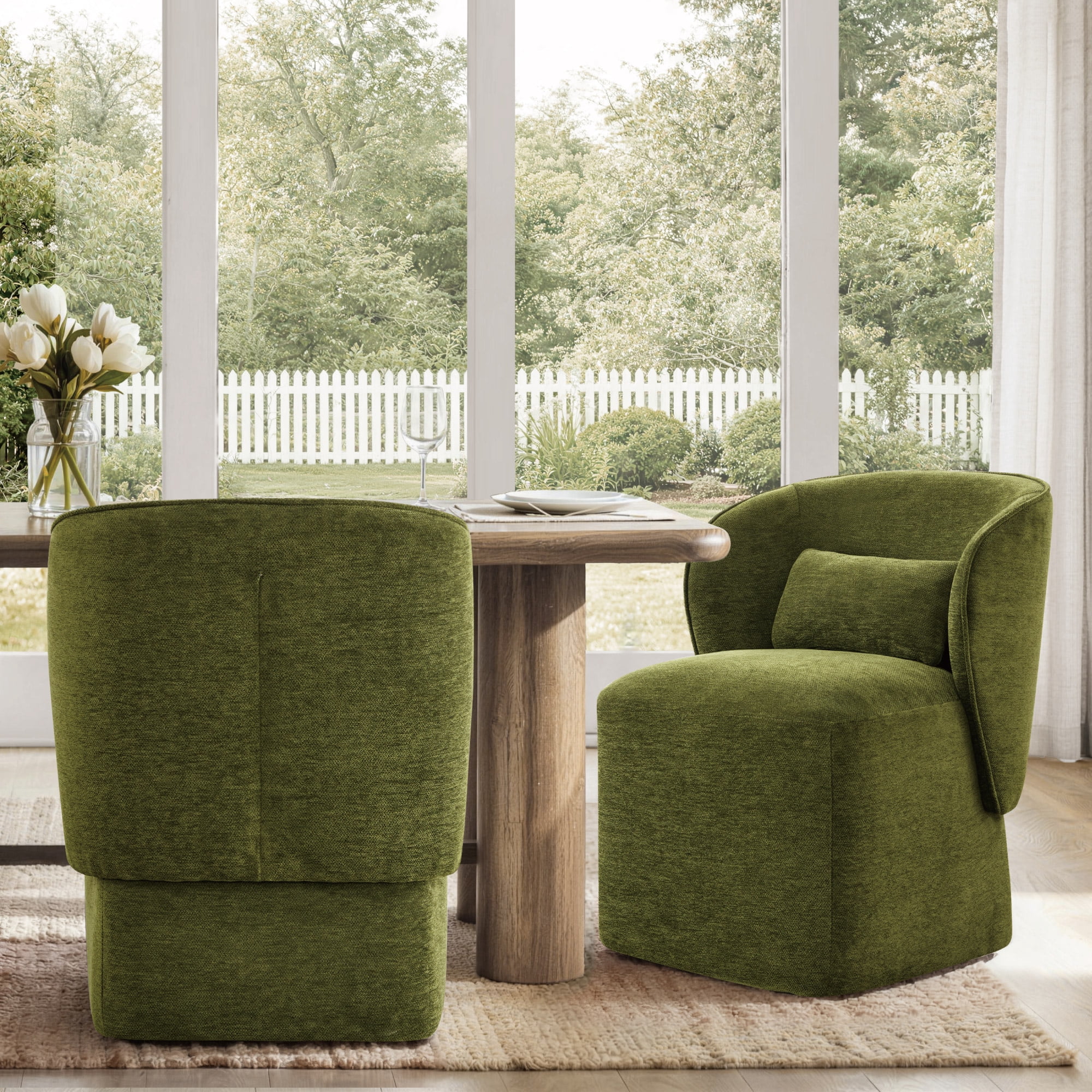 Spruce & Spring Rolling Dining Chairs, Spill-Proof & Stain Resistant Barrel Armchair with Casters, Modern Upholstered Seat and Removable Back Support Pillow for Kitchen Living Room, Green