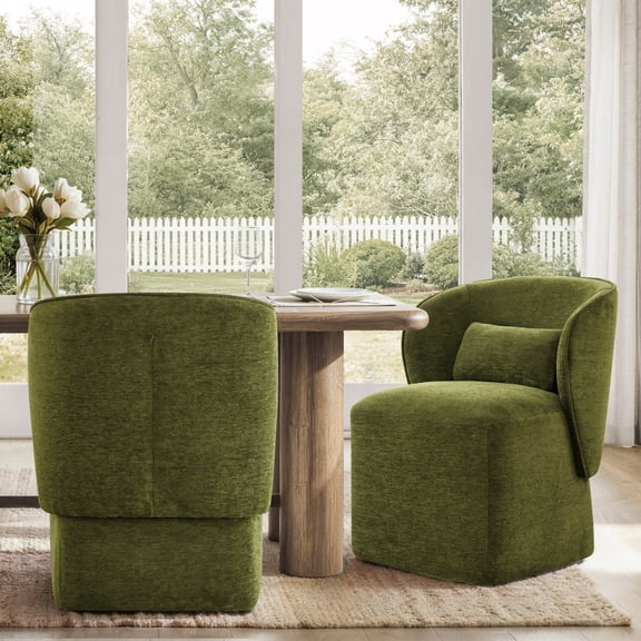 Spruce & Spring Rolling Dining Chairs, Spill-Proof & Stain Resistant Barrel Armchair with Casters, Modern Upholstered Seat and Removable Back Support Pillow for Kitchen Living Room, Green