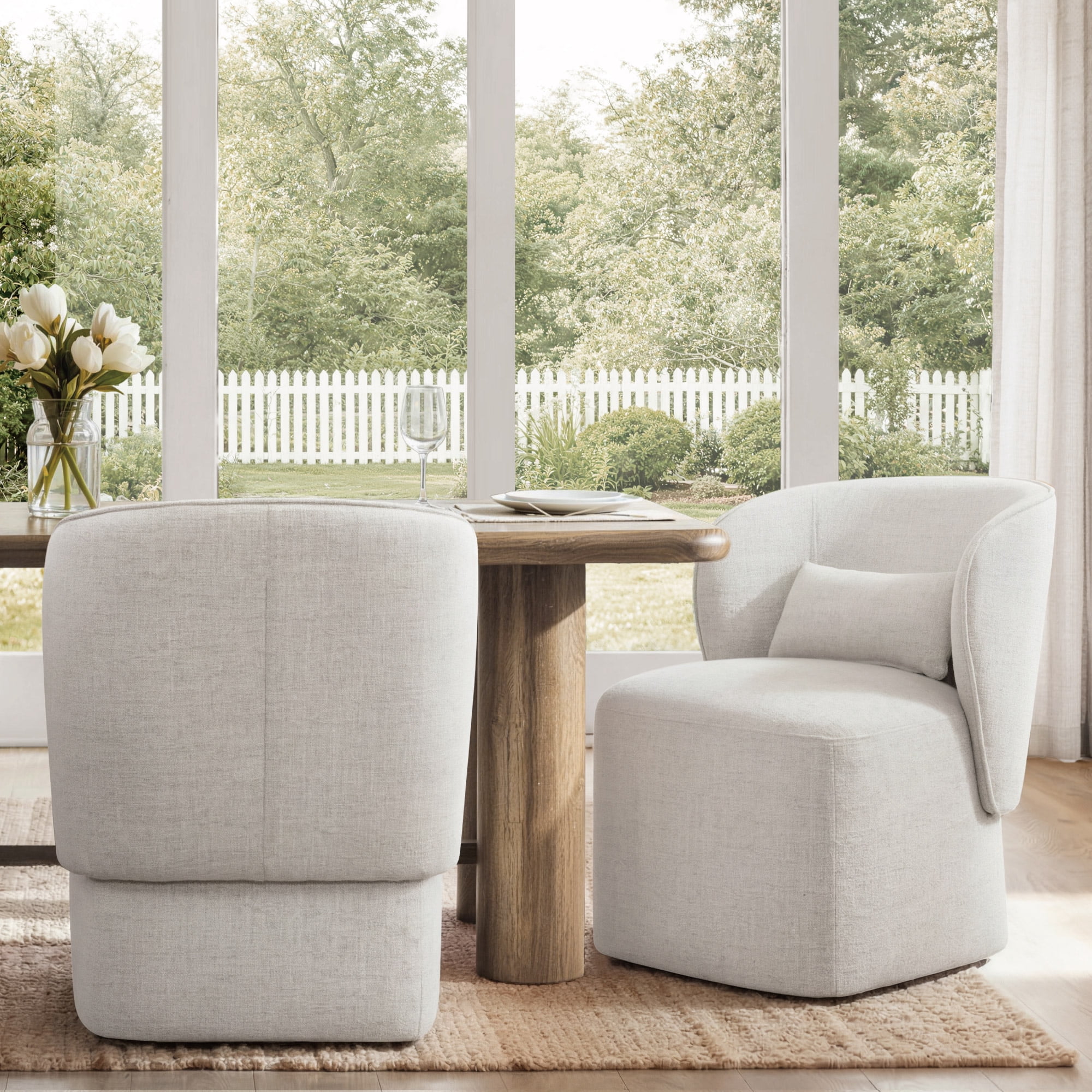 Spruce & Spring Rolling Dining Chairs, Spill-Proof & Stain Resistant Barrel Armchair with Casters, Modern Upholstered Seat and Removable Back Support Pillow for Kitchen Living Room, Wheat