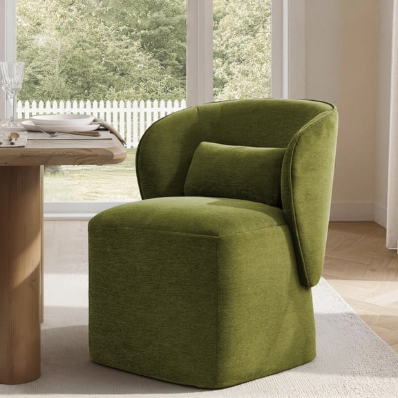 Spruce & Spring Rolling Dining Chairs, Spill-Proof & Stain Resistant Barrel Armchair with Casters, Modern Upholstered Seat and Removable Back Support Pillow for Kitchen Living Room, Green