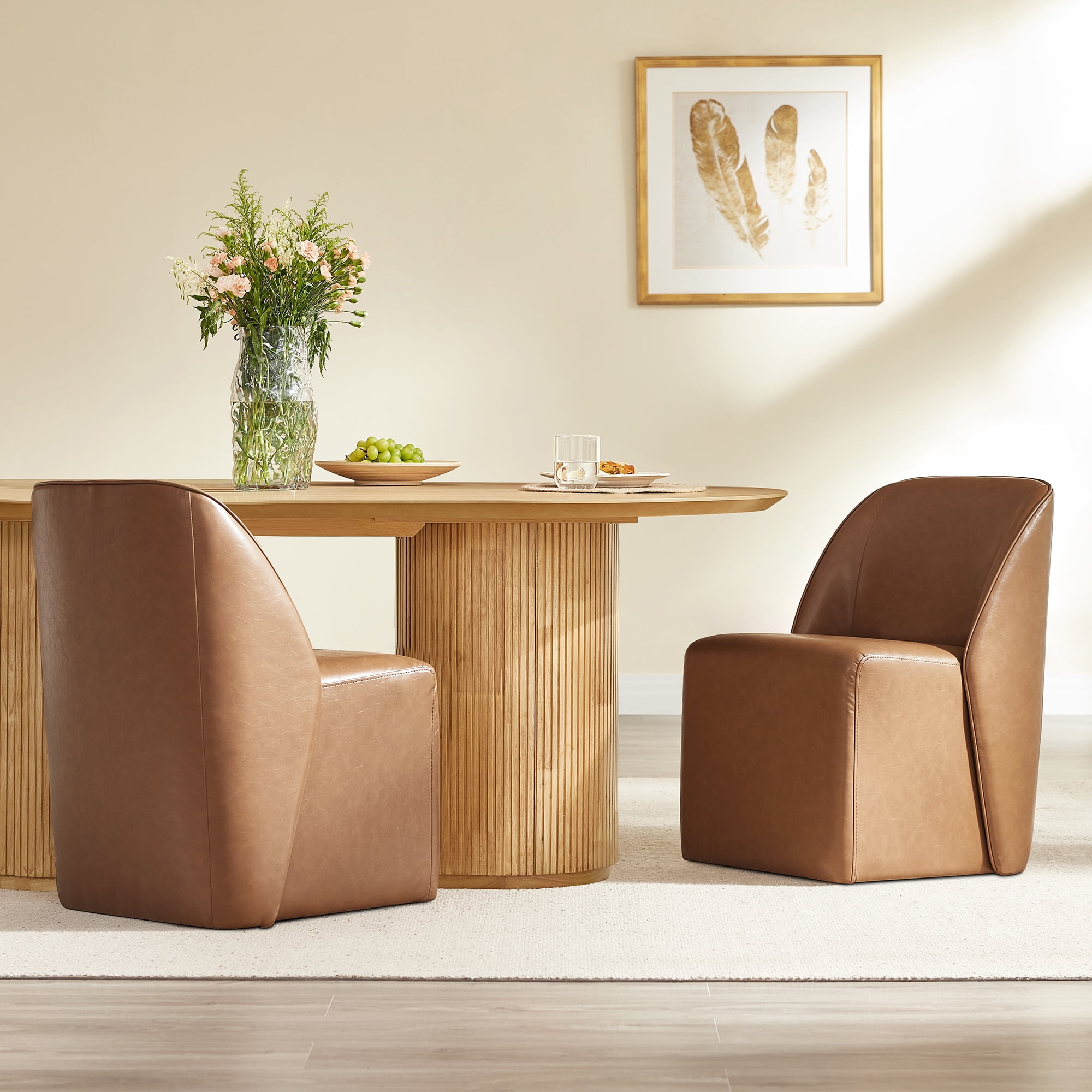 Spruce & Spring Rolling Upholstered Dining Chair with Smooth Hidden Casters Set of 2, Saddle Brown