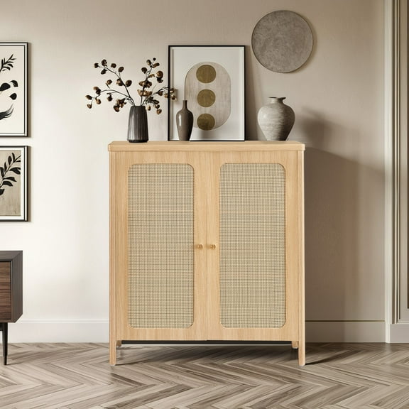 Spruce & Spring Rustic Modern Sideboard with Rattan Doors for Dining & Living Room
