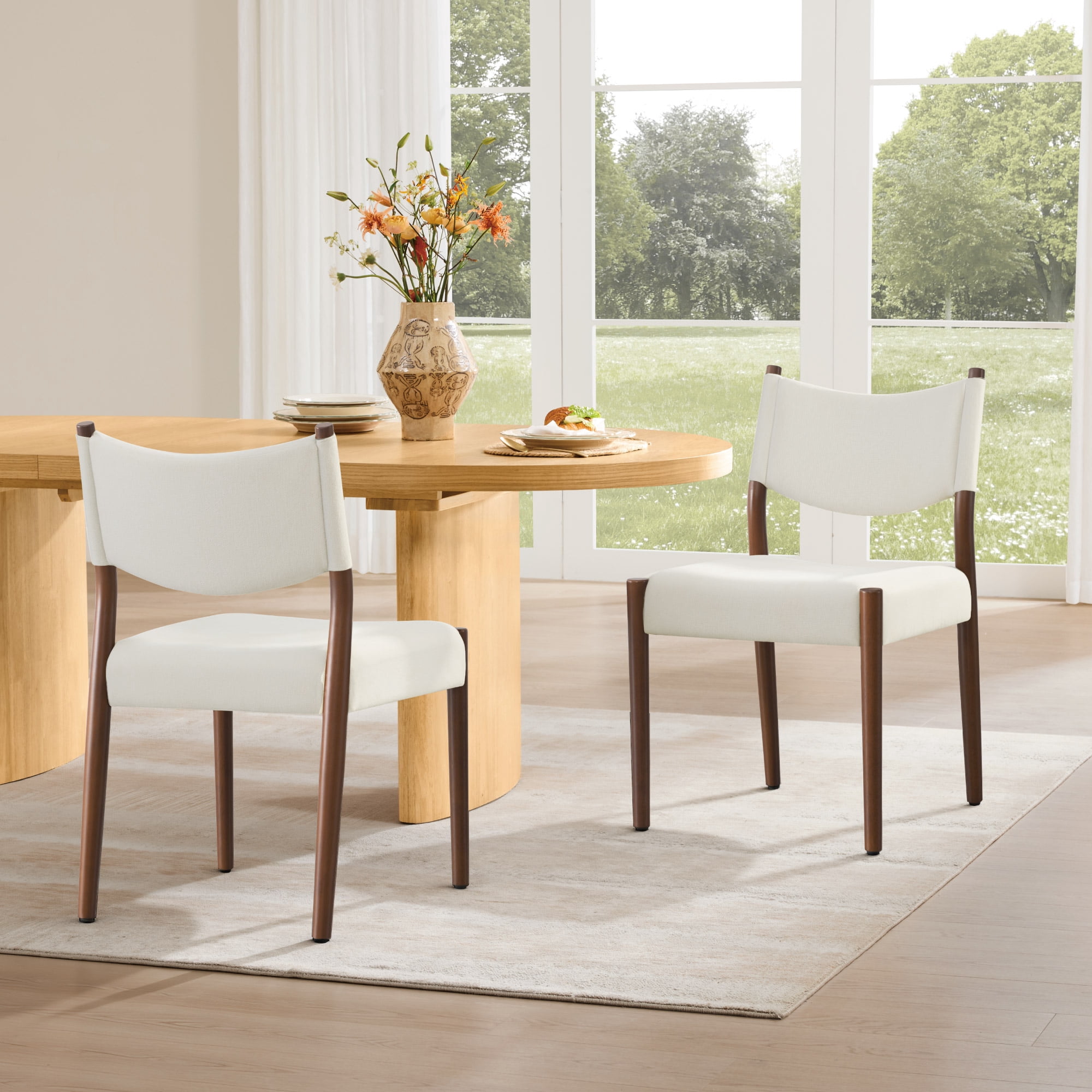 Spruce & Spring Solid Rubber Wood Dining Chair, Spill-Resistant & Stain-Resistant Chenille Fabric, Modern Upholstered Seat with Ergonomic Back, for Kitchen Living Room, Linen, Set of 2