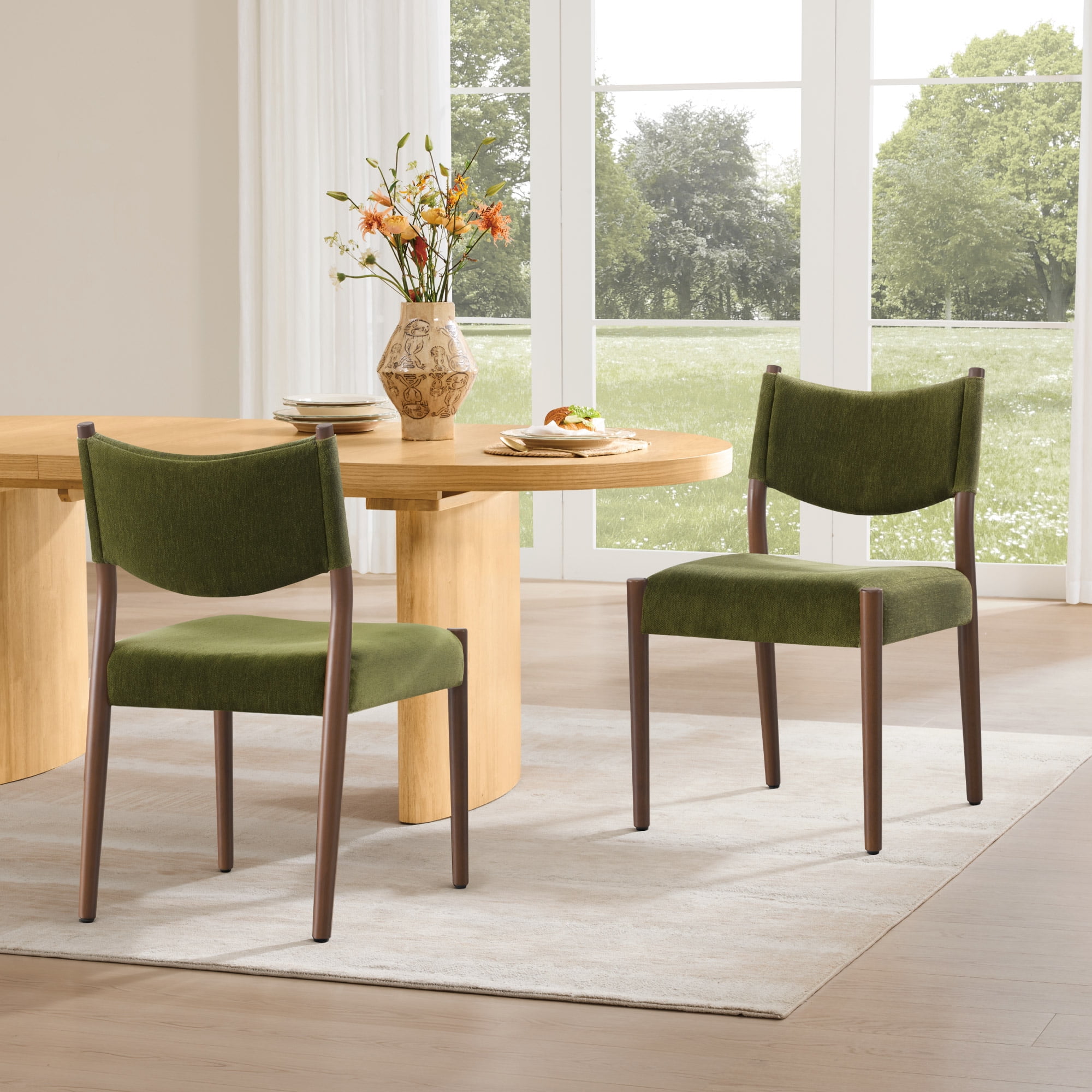 Spruce & Spring Solid Rubber Wood Dining Chairs, Spill-Resistant & Stain-Resistant Chenille Fabric, Modern Upholstered Seat with Ergonomic Back, for Kitchen Living Room, Moss Green, Set of 2