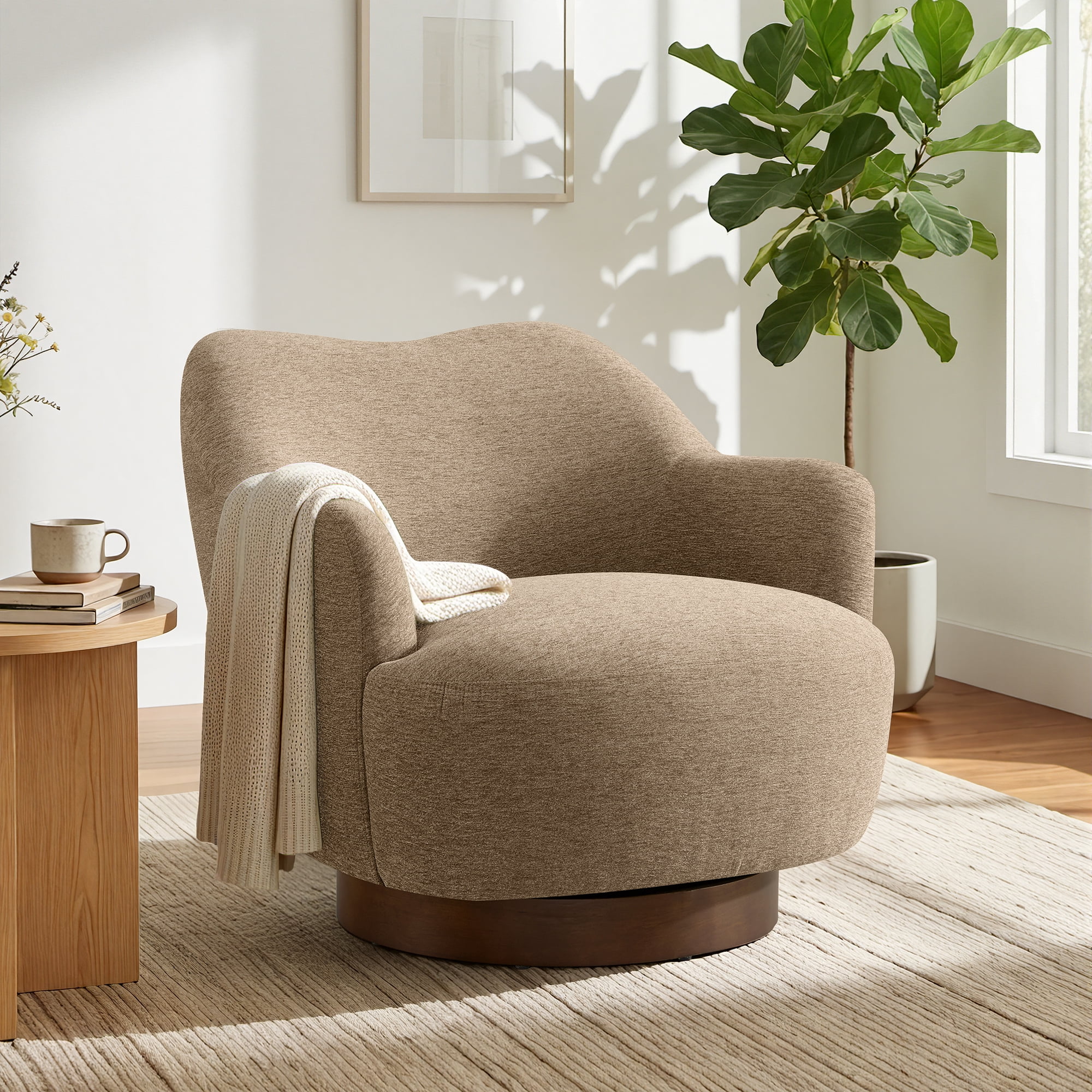 Spruce & Spring Swivel Accent Chair, Upholstered Barrel Armchair for Living Room Bedroom Reading Nook, Sand