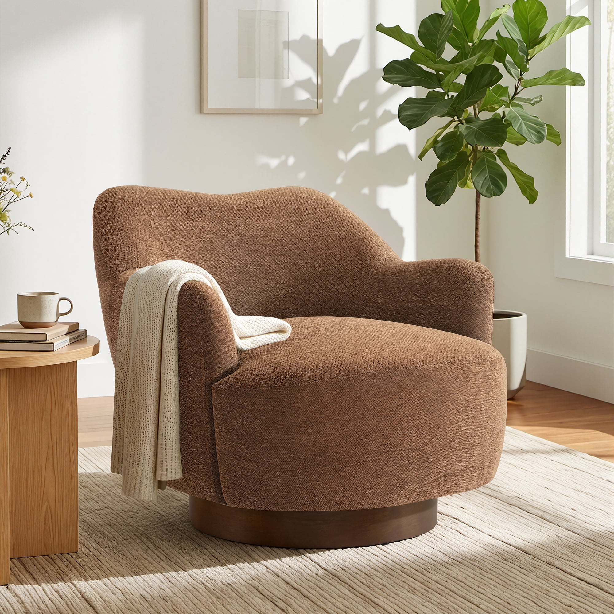 Spruce & Spring Swivel Accent Chair, Upholstered Barrel Armchair for Living Room Bedroom Reading Nook, Terracotta