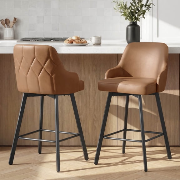 Spruce & Spring Swivel Counter Stools Set of 2, Modern Faux Leather Bar Stools with Back and Arms, Diamond Stitch Upholstered Kitchen Island Chairs, Matte Black Metal Legs, Counter Height, Brown