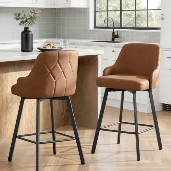 Spruce & Spring Swivel Counter Stools Set of 2, Modern Faux Leather Bar Stools with Back and Arms, Diamond Stitch Upholstered Kitchen Island Chairs, Matte Black Metal Legs, Counter Height, Brown