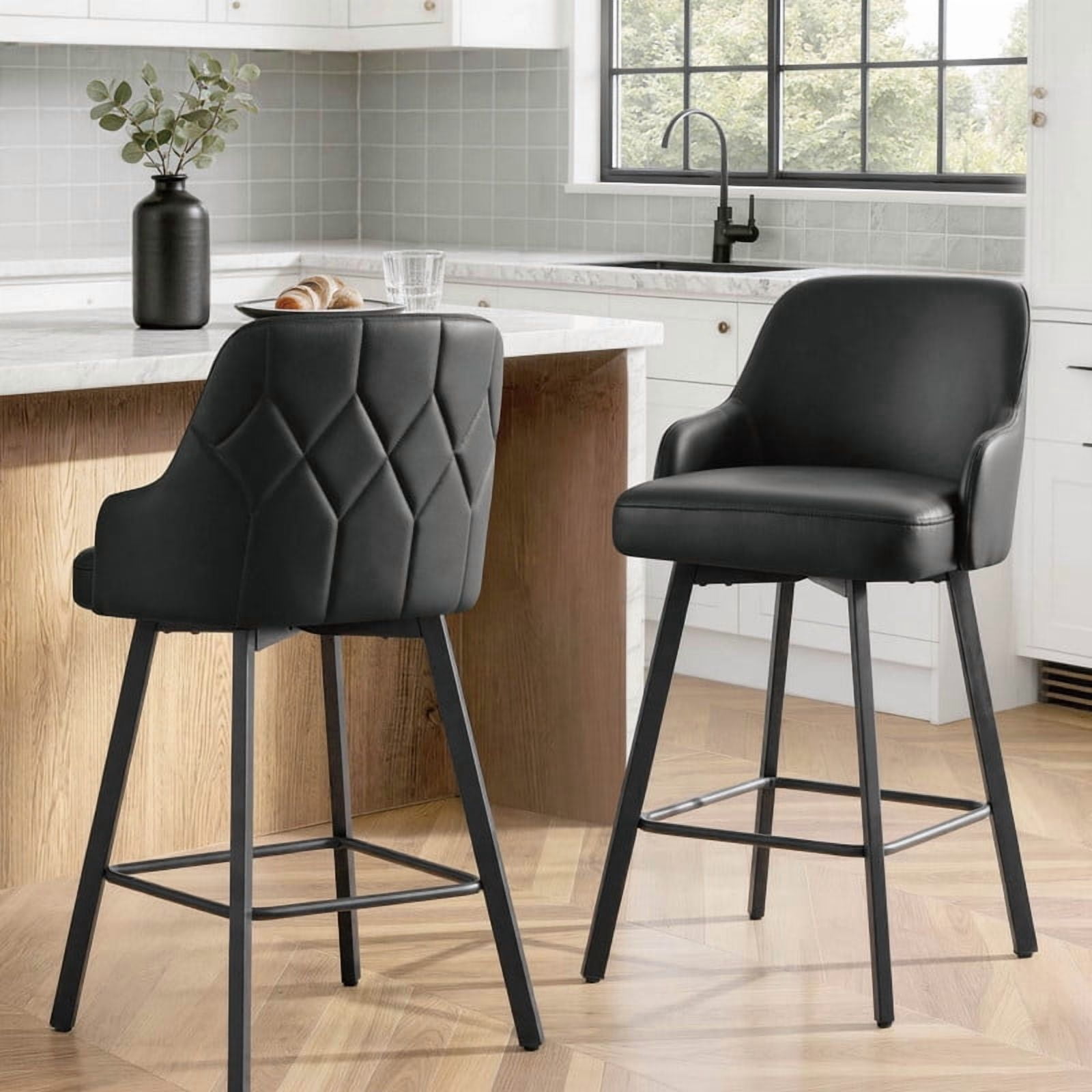 Spruce & Spring Swivel Counter Stools Set of 2, Modern Faux Leather Bar Stools with Back and Arms, Diamond Stitch Upholstered Kitchen Island Chairs, Matte Black Metal Legs, Counter Height, Black