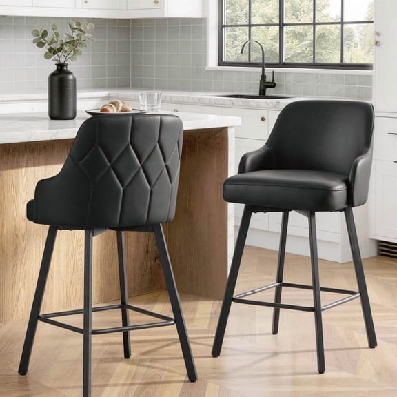 Spruce & Spring Swivel Counter Stools Set of 2, Modern Faux Leather Bar Stools with Back and Arms, Diamond Stitch Upholstered Kitchen Island Chairs, Matte Black Metal Legs, Counter Height, Black