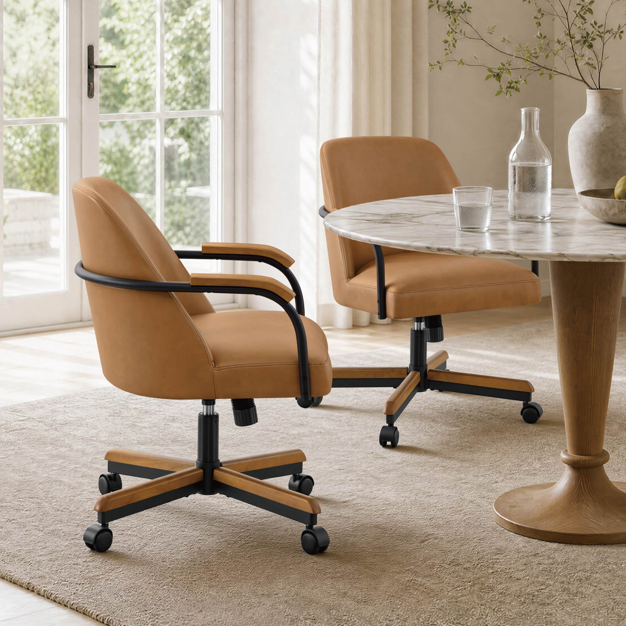 Spruce & Spring Swivel Dining Chairs Set of 2, Upholstered Tilt Chairs with Caster Wheels, Metal Frame & Wood Accents, for Dining Room, Kitchen & Home Office, Brown Faux Leather