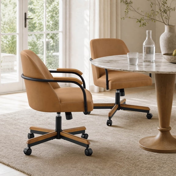 Spruce & Spring Swivel Dining Chairs Set of 2, Upholstered Tilt Chairs with Caster Wheels, Metal Frame & Wood Accents, for Dining Room, Kitchen & Home Office, Brown Faux Leather