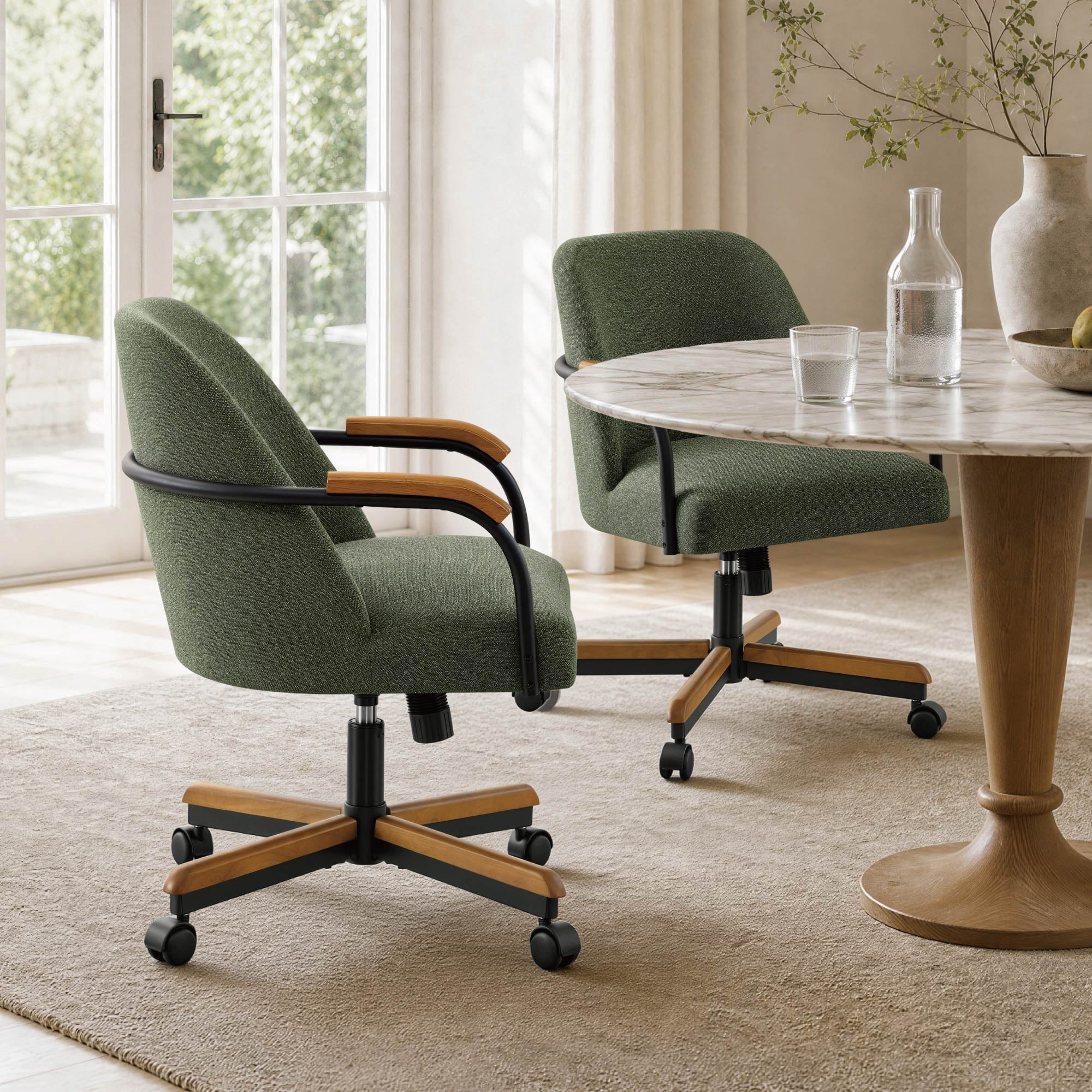 Spruce & Spring Swivel Dining Chairs Set of 2, Upholstered Tilt Chairs with Caster Wheels, Metal Frame & Wood Accents, for Dining Room, Kitchen & Home Office, Green Fabric