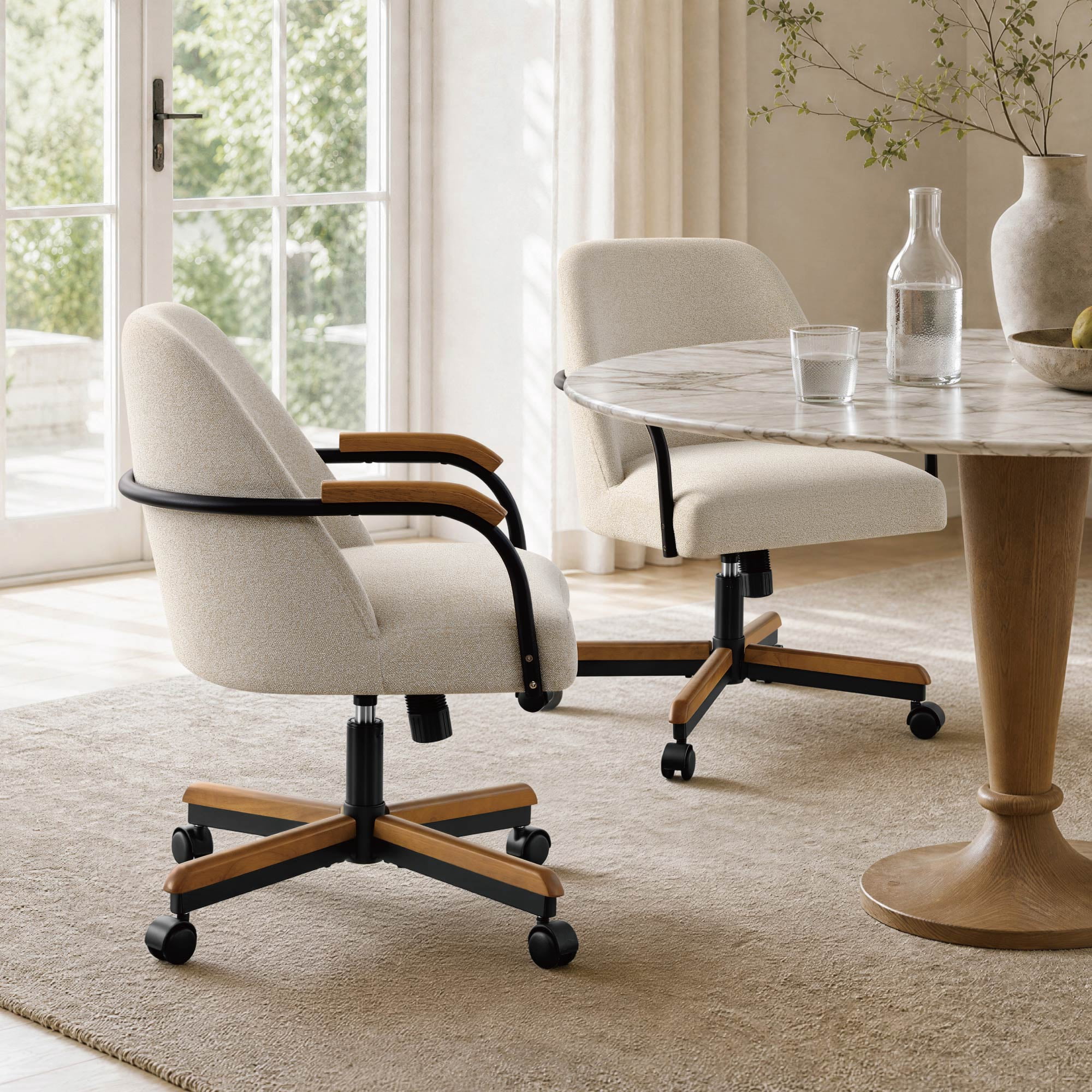 Spruce & Spring Swivel Dining Chairs Set of 2, Upholstered Tilt Chairs with Caster Wheels, Metal Frame & Wood Accents, for Dining Room, Kitchen & Home Office, Sand Fabric
