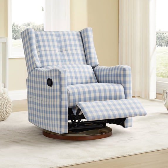 Spruce & Spring Swivel Glider Recliner Chair for Living Room & Nursery, Chenille Fabric, Baby Blue & Cream Plaid