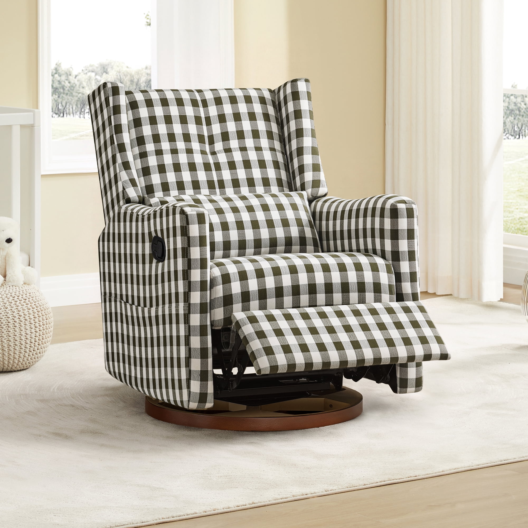 Spruce & Spring Swivel Glider Recliner Chair for Living Room & Nursery, Chenille Fabric, Black & Cream Plaid