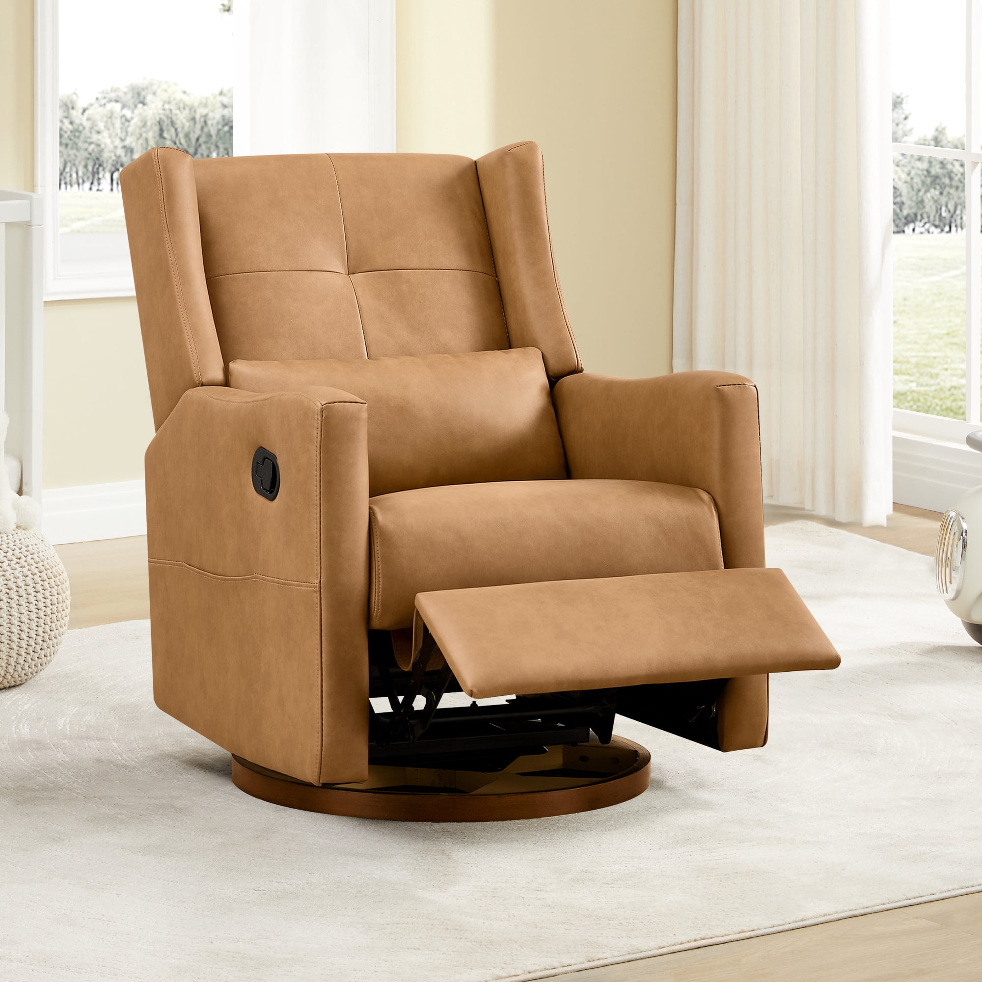 Spruce & Spring Swivel Glider Recliner Chair for Living Room & Nursery, Faux Leather, Saddle Brown