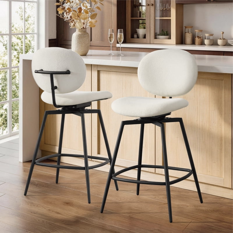 Spruce & Spring Swivel Upholstered Bar Stool with Back, Metal Frame Counter Height Stool with Footrest for Kitchen Island Dining, Boucle Fabric, Set of 2, Cream