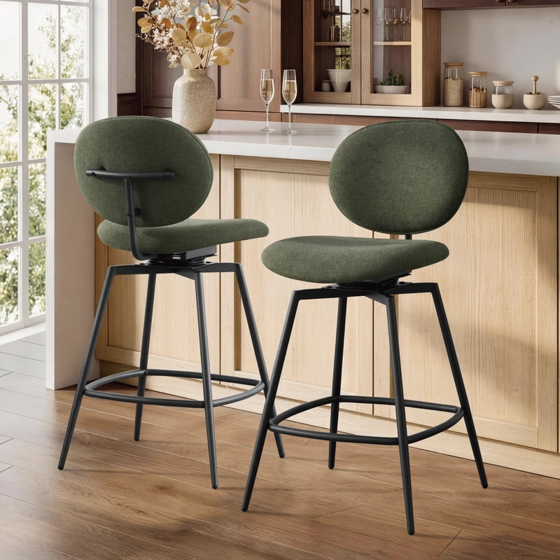 Spruce & Spring Swivel Upholstered Bar Stool with Back, Metal Frame Counter Height Stool with Footrest for Kitchen Island Dining, Boucle Fabric, Set of 2, Green