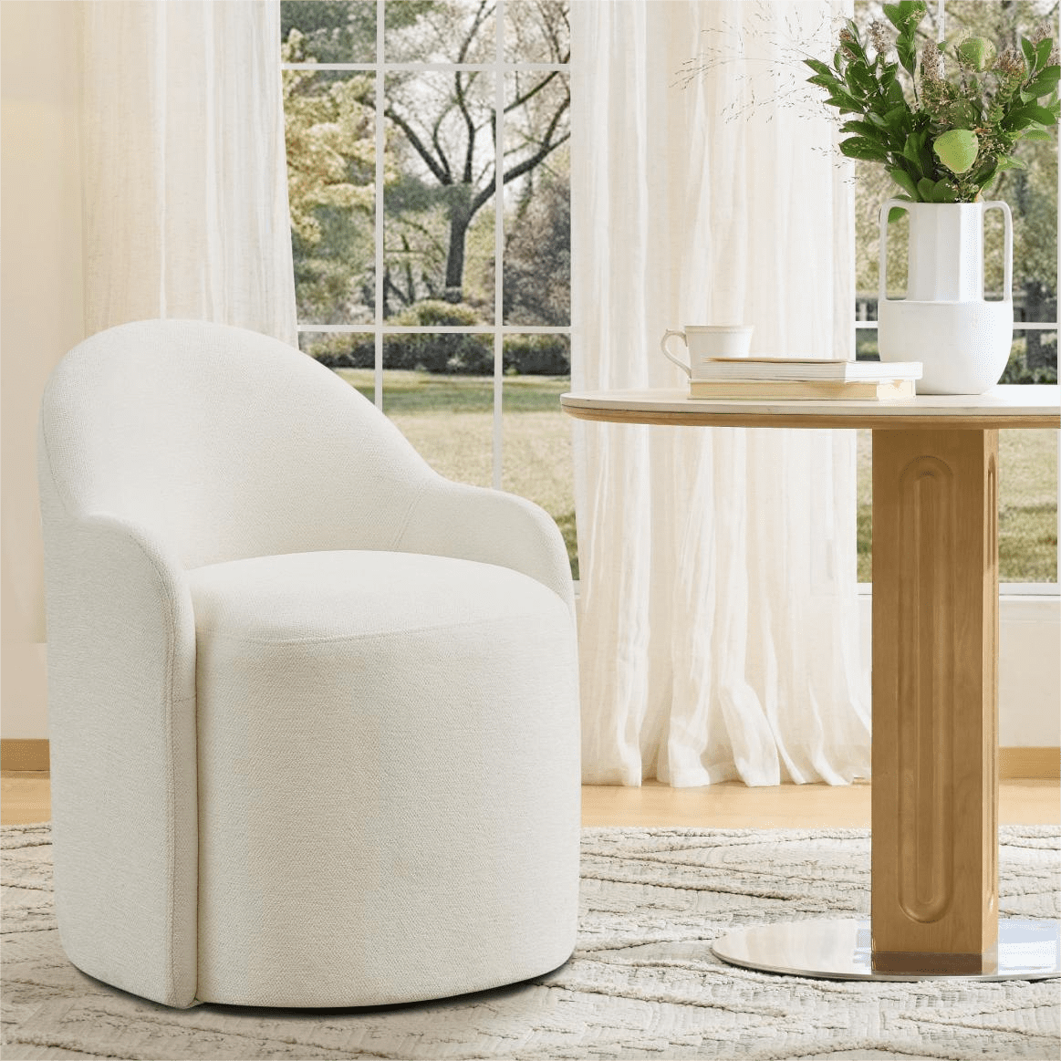 Spruce & Spring Swivel Upholstered Dining Chair with Hidden Wheels and Armrest Single, Linen