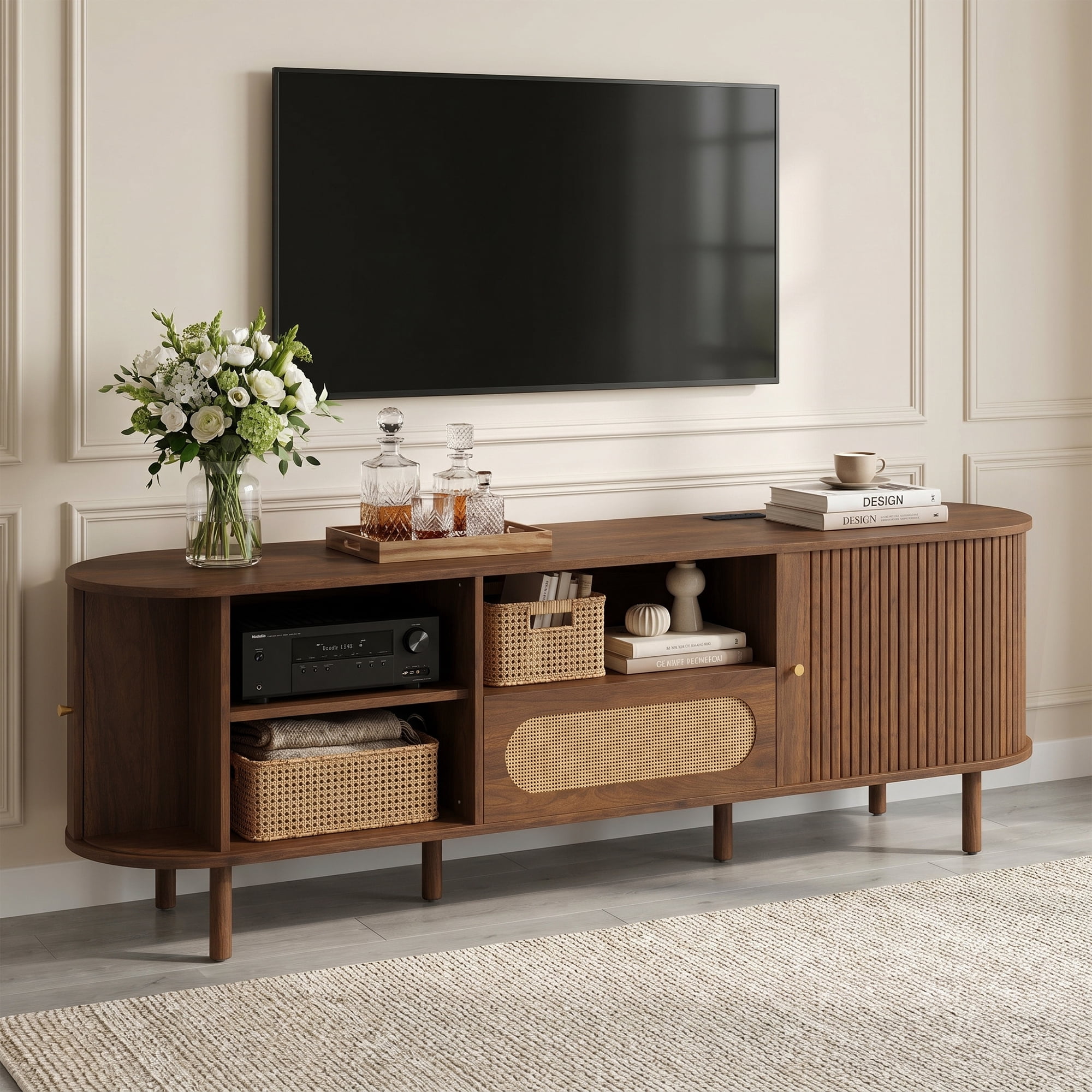 Spruce & Spring Tambour TV Stand with Power Outlet, Mid-Century Modern Entertainment Center, Rattan Drawer & Fluted Sliding Doors, Solid Wood Legs & Cable Management, Walnut, for TVs up to 80 Inch