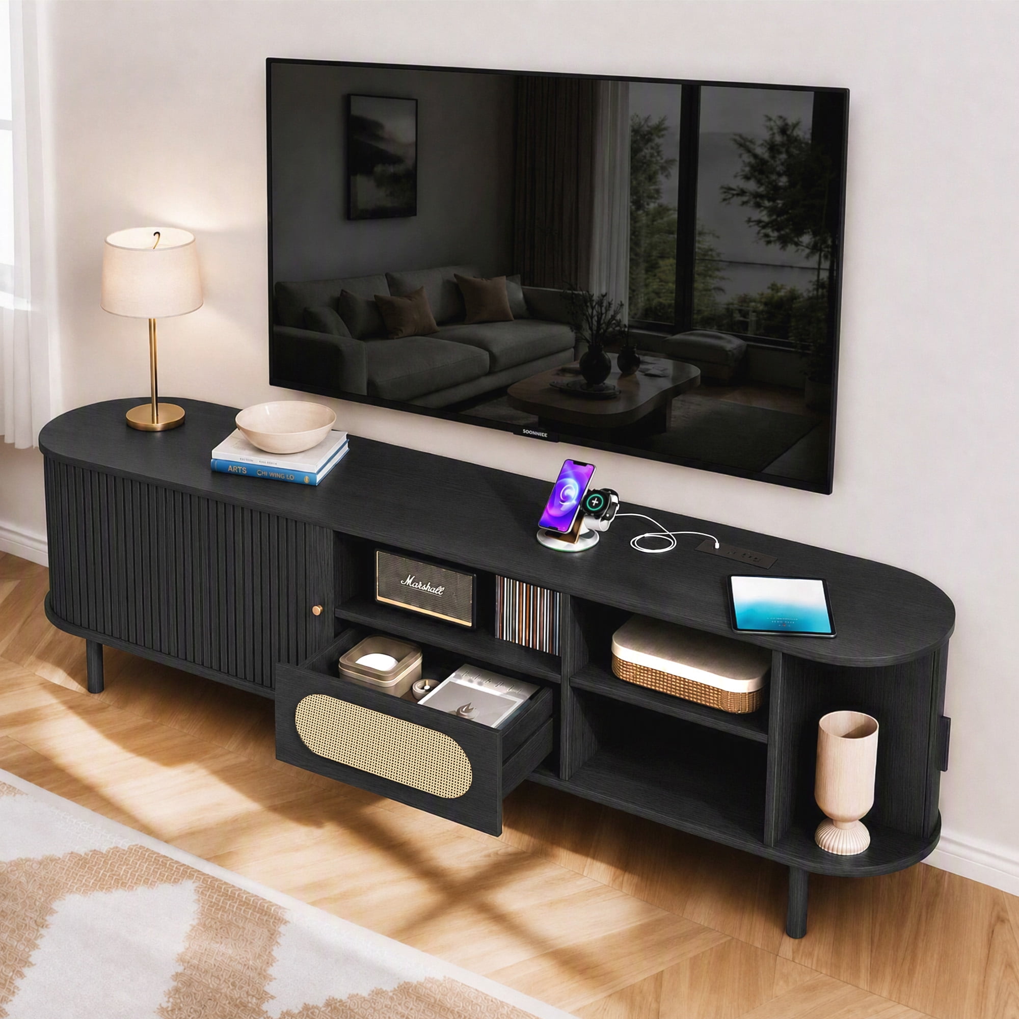 Spruce & Spring Tambour TV Stand with Power Outlet, Mid-Century Modern Entertainment Center, Rattan Drawer & Fluted Sliding Doors, Solid Wood Legs & Cable Management, Black, for TVs up to 80 Inch