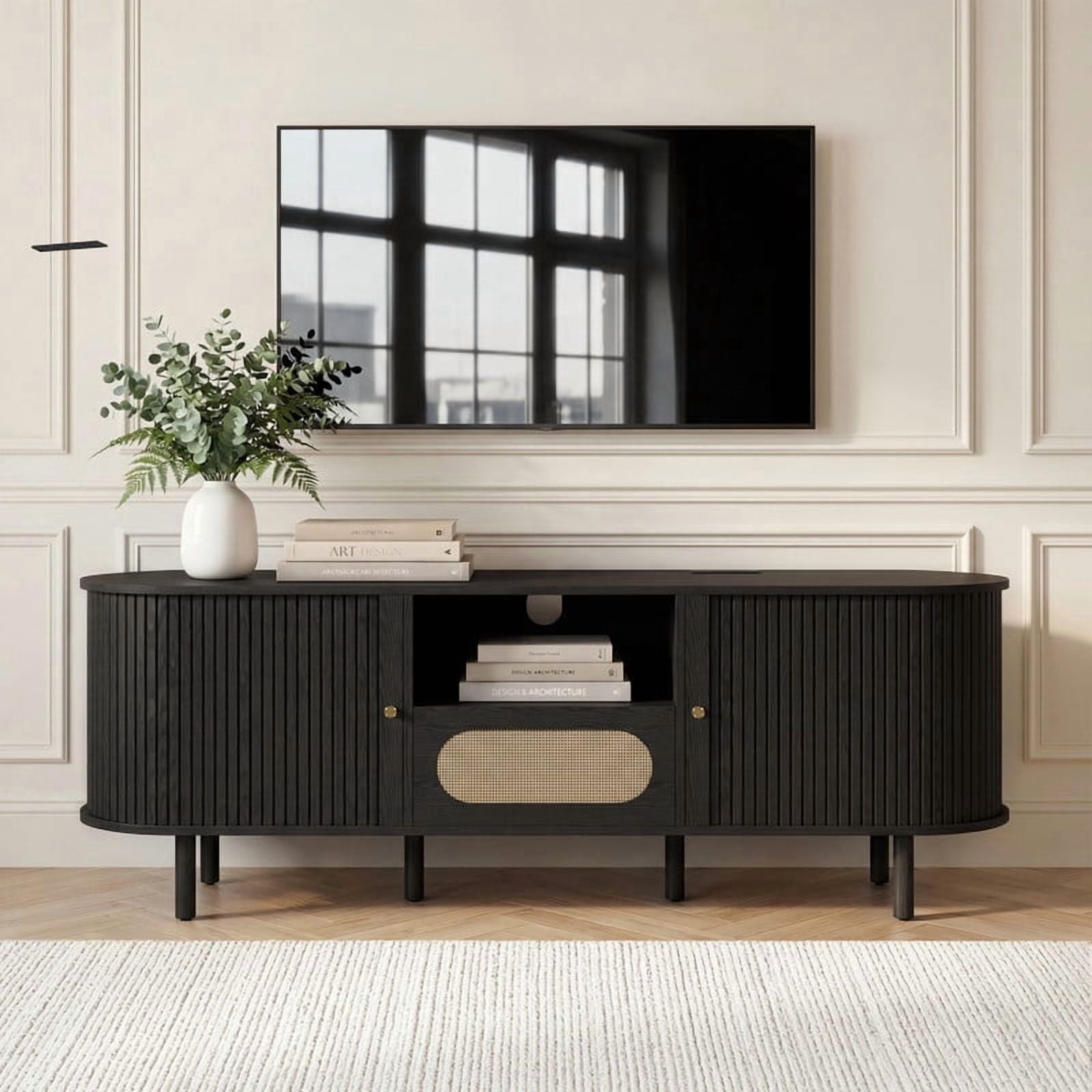 Spruce & Spring Tambour TV Stand with Power Outlet, Mid-Century Modern Entertainment Center, Rattan Drawer & Fluted Sliding Doors, Solid Wood Legs & Cable Management, for TVs up to 70 Inch