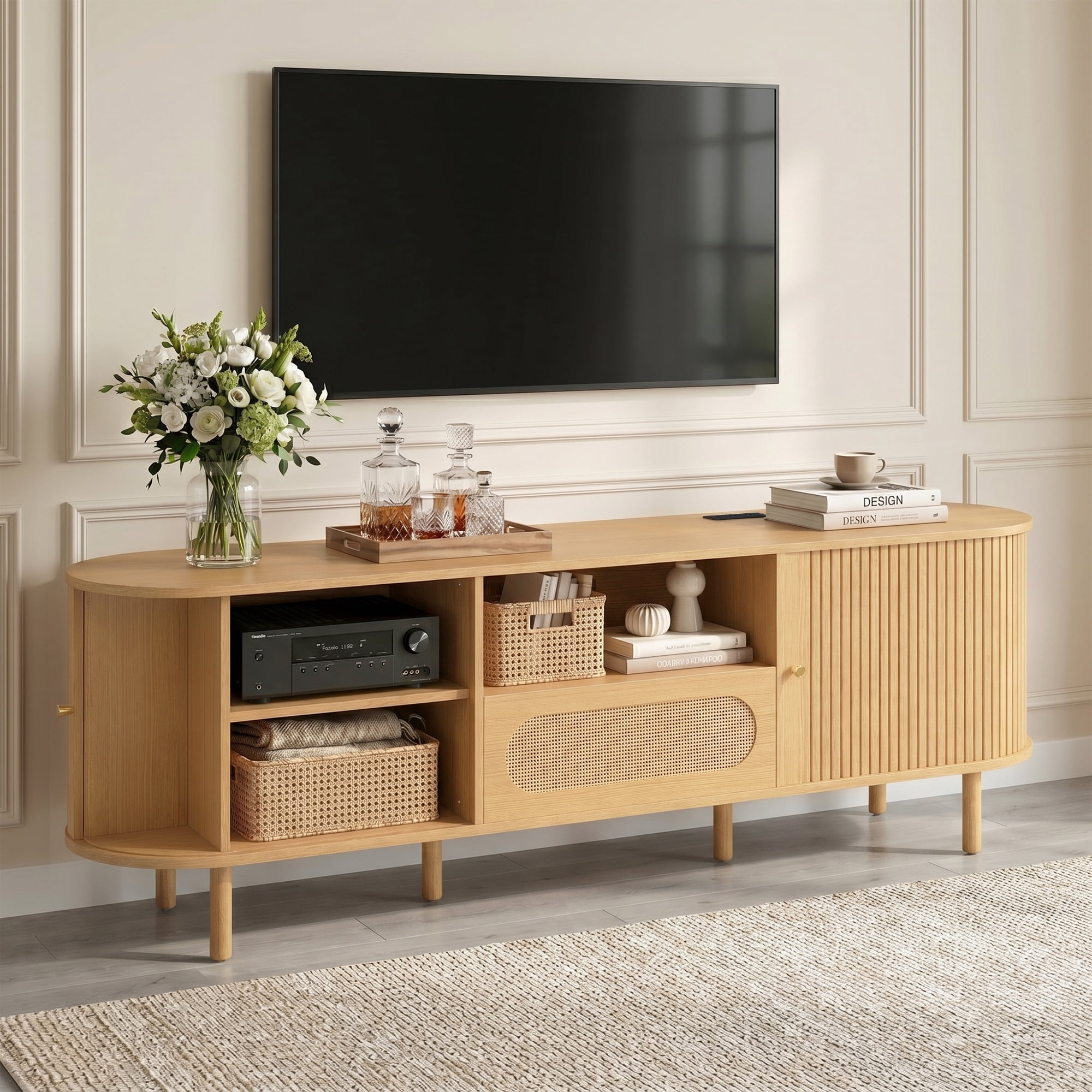 Spruce & Spring Tambour TV Stand with Power Outlet, Mid-Century Modern Entertainment Center, Rattan Drawer & Fluted Sliding Doors, Solid Wood Legs & Cable Management, Oak, for TVs up to 80 Inch