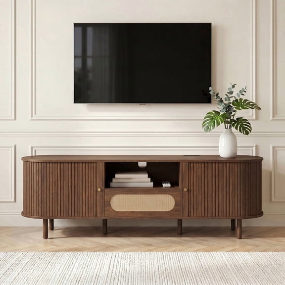 Spruce & Spring Tambour TV Stand with Power Outlet, Mid-Century Modern Entertainment Center, Rattan Drawer & Fluted Sliding Doors, Solid Wood Legs & Cable Management, Walnut, for TVs up to 80 Inch