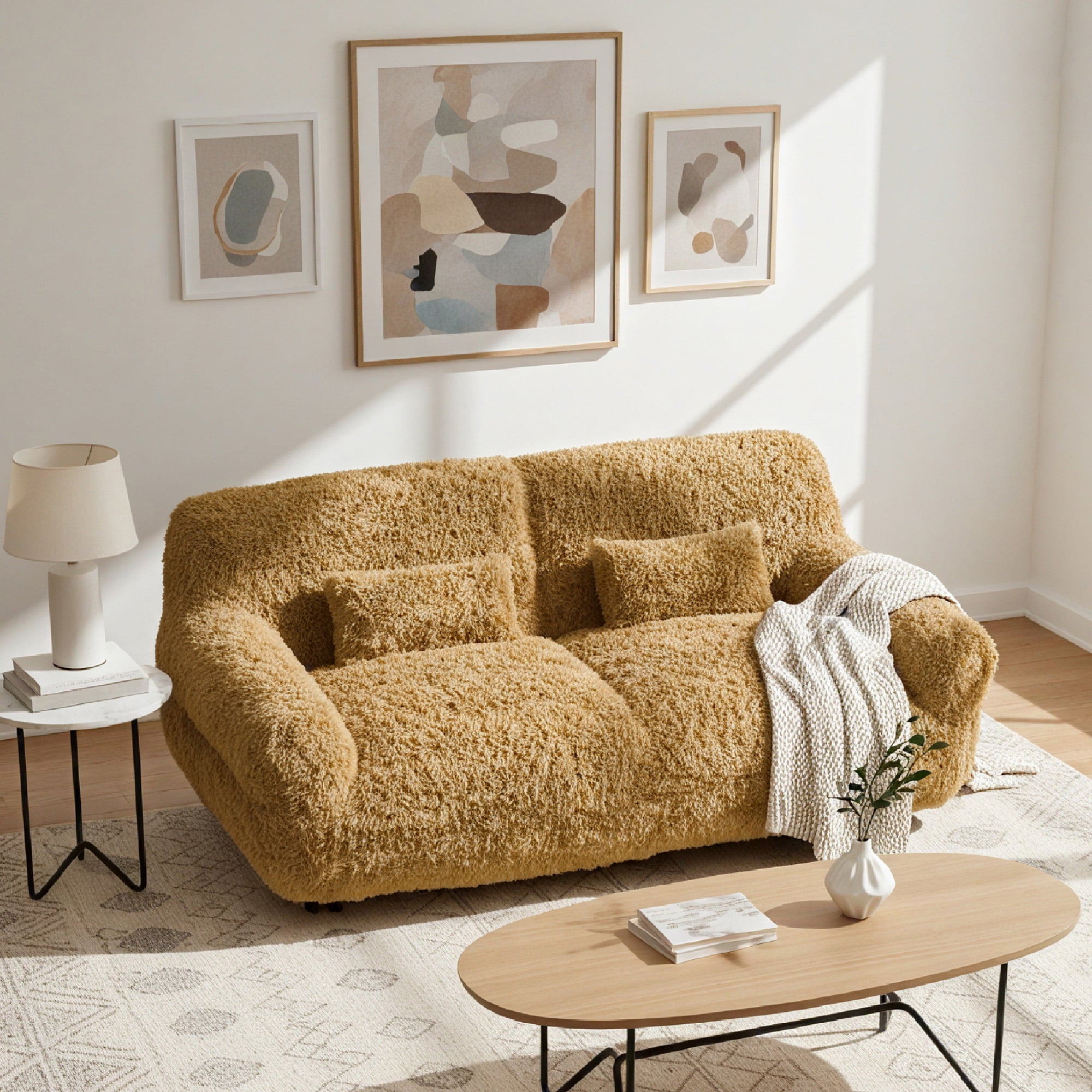 Spruce & Spring Ultra-Plush Fleece Lazy Sofa with Pillow & Blanket, Cozy Bean Bag Loveseat for Living Room & Bedroom, Gloden Glow-Sherpa