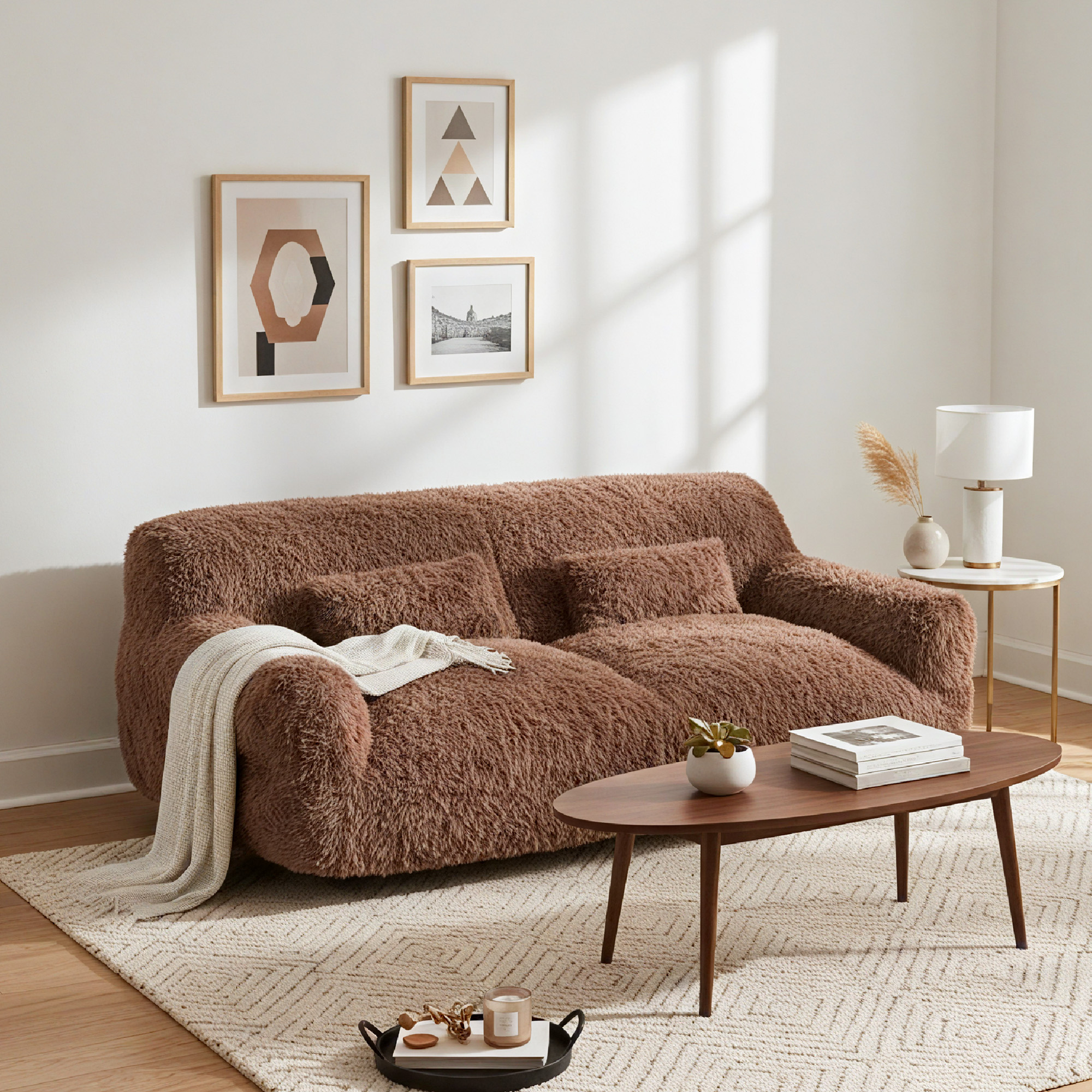 Spruce & Spring Ultra-Plush Fleece Lazy Sofa with Pillow & Blanket, Cozy Bean Bag Loveseat for Living Room & Bedroom, Rust