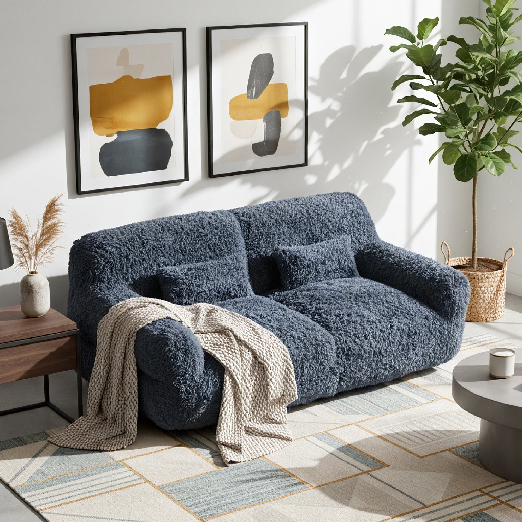 Spruce & Spring Ultra-Plush Fleece Lazy Sofa with Pillow & Blanket, Cozy Bean Bag Loveseat for Living Room & Bedroom, Ink