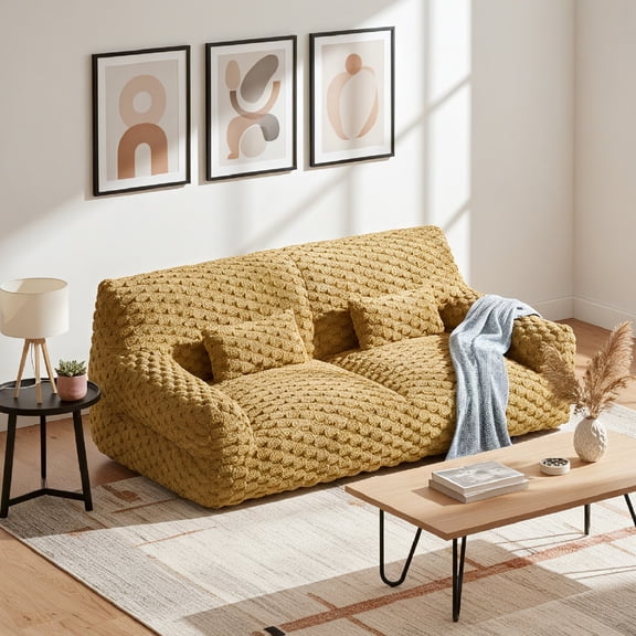 Spruce & Spring Ultra-Plush Fleece Lazy Sofa with Pillow & Blanket, Cozy Bean Bag Loveseat for Living Room & Bedroom,Golden Glow-Bubble Knit