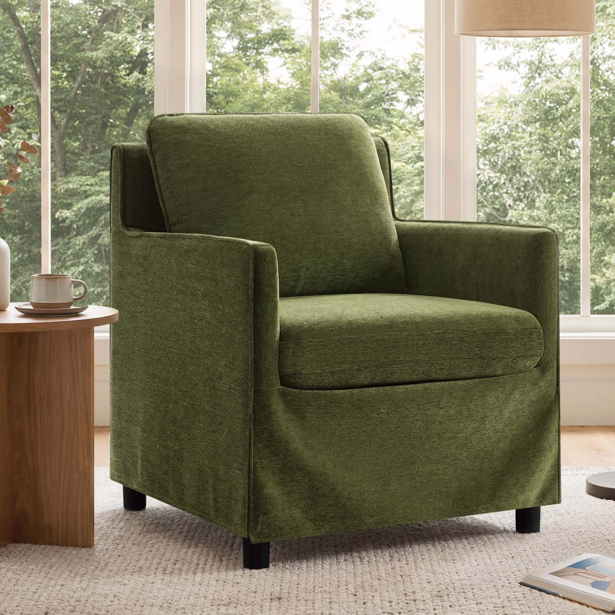 Spruce & Spring Upholstered Accent Chair for Living Room and Bedroom, Modern Lounge Armchair with Removable Cushions and Track Arms, Green Fabric
