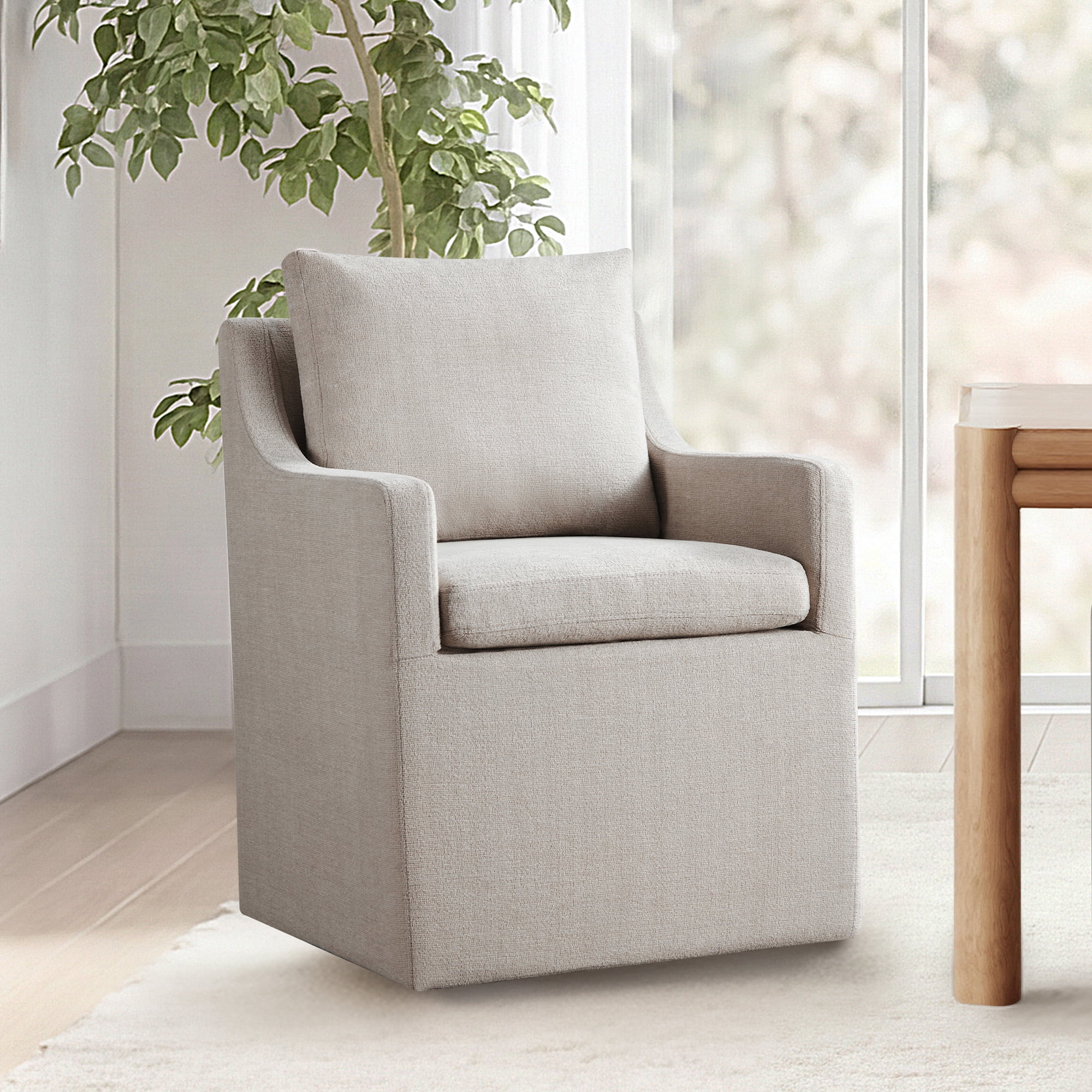 Spruce & Spring Upholstered Dining Chair with Hidden Casters, Removable Slipcover and Under-Seat Storage, Single, Beige