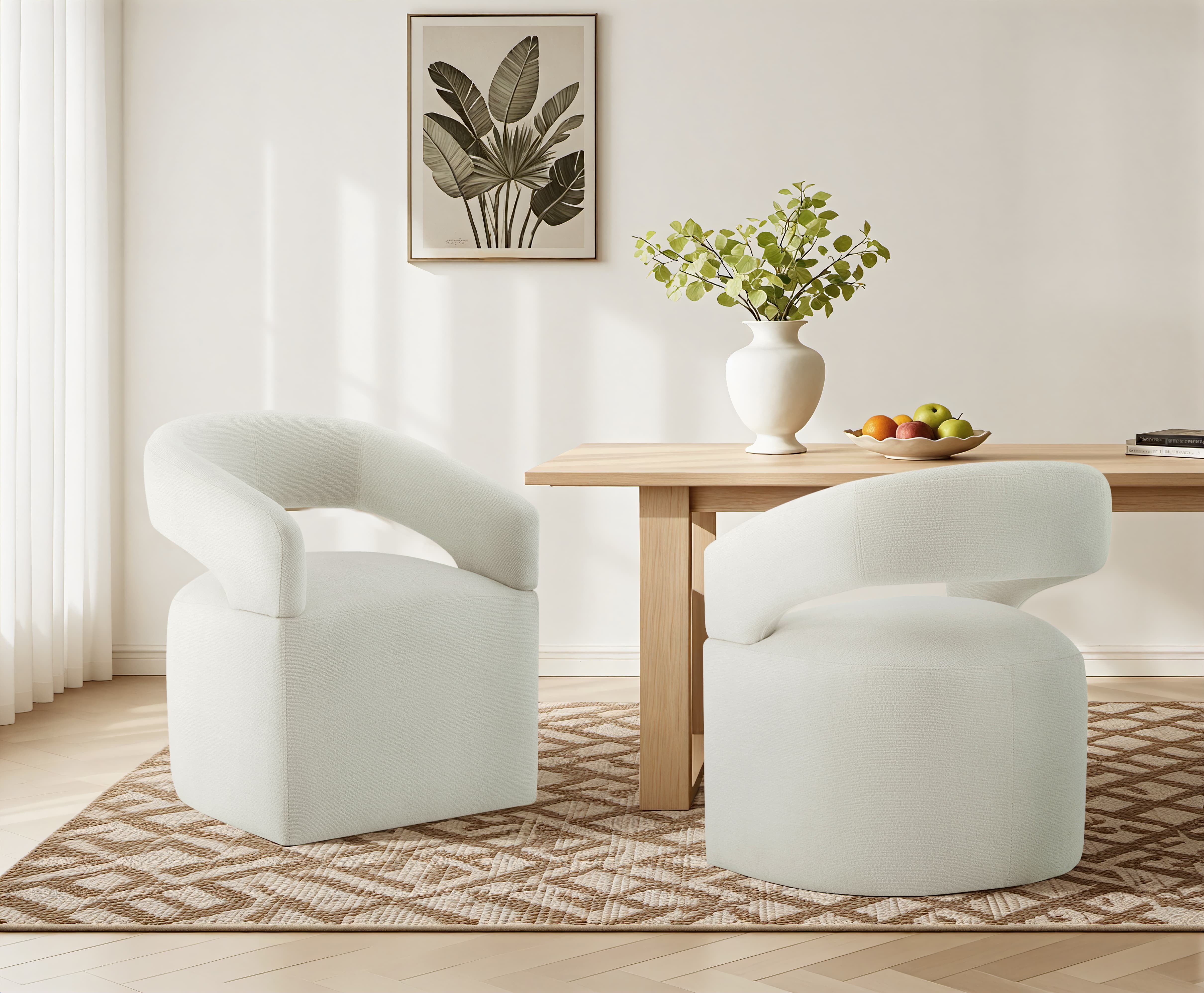 Spruce & Spring Upholstered Dining Chair with Open Back and Hidden Casters, Single, Ivory