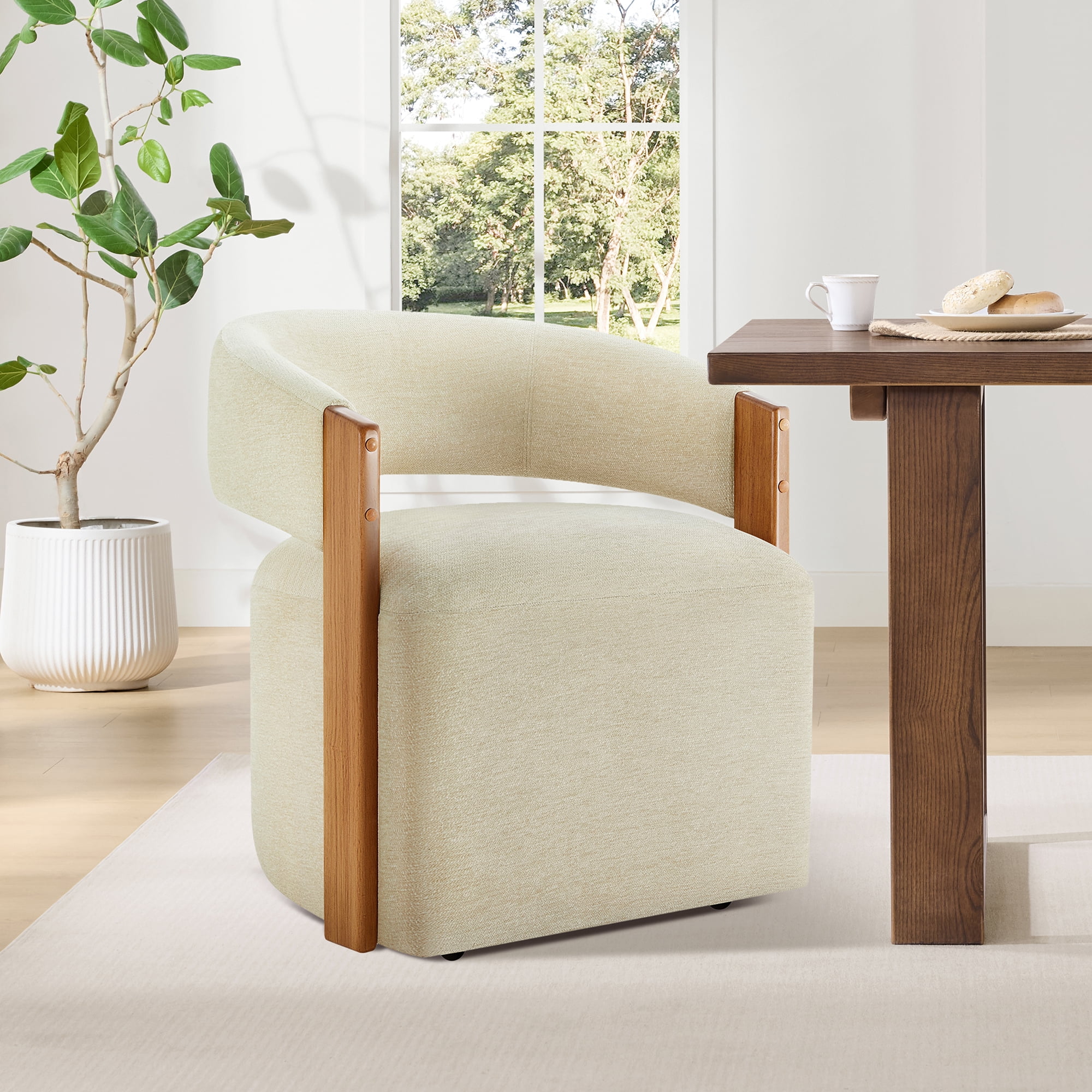 Spruce & Spring Upholstered Dining Chair with Wooden Armrests and Rolling Casters Single, Beige Sand