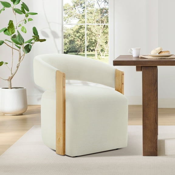 Spruce & Spring Upholstered Dining Chair with Wooden Armrests and Rolling Casters Single, Beige