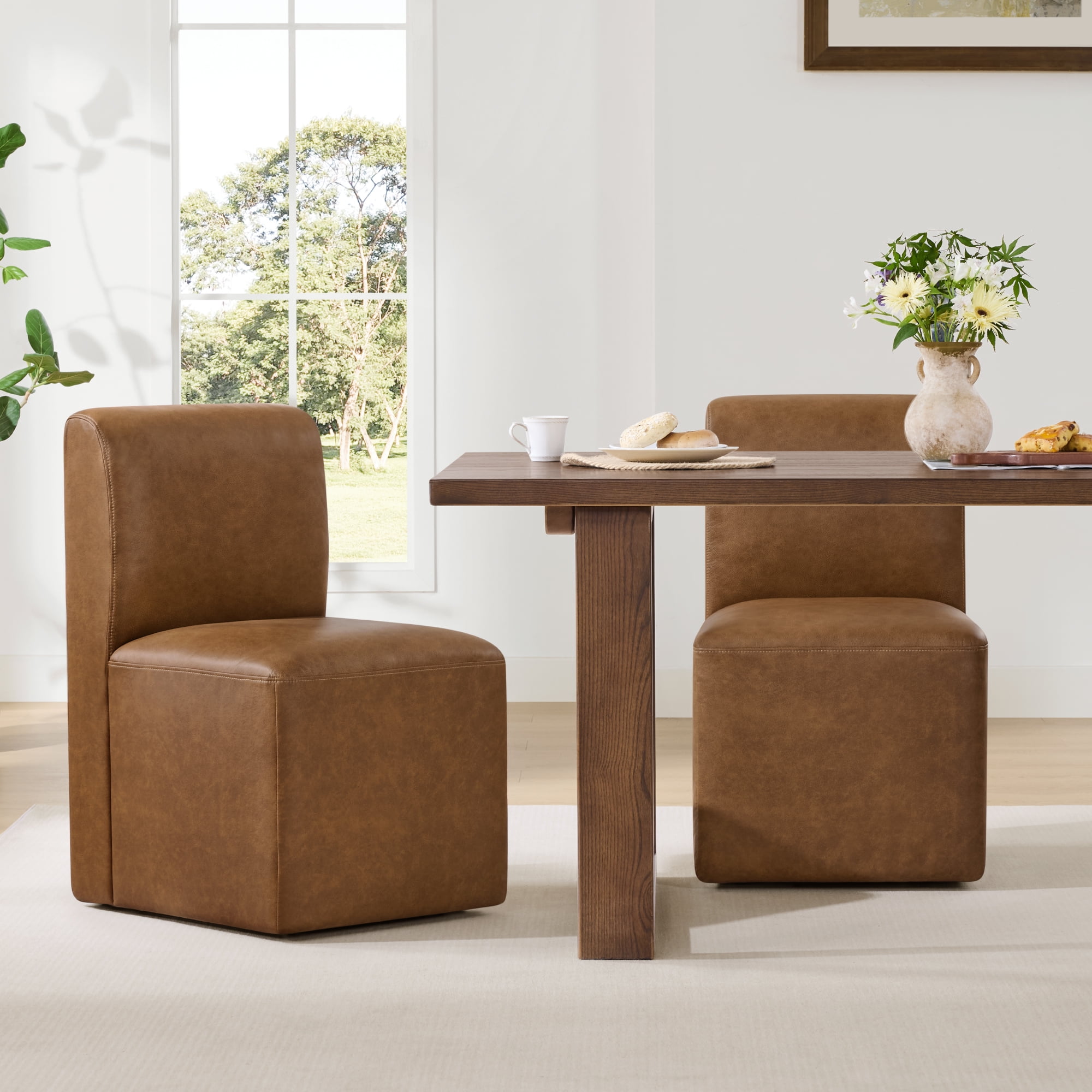 Spruce & Spring Upholstered Dining Chairs with Hidden Casters Set of 2, Brown-Genuine Leather