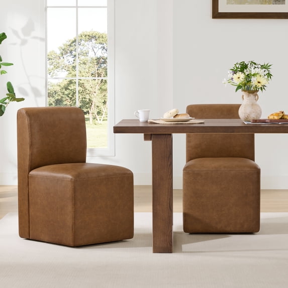 Spruce & Spring Upholstered Dining Chairs with Hidden Casters Set of 2, Brown-Genuine Leather