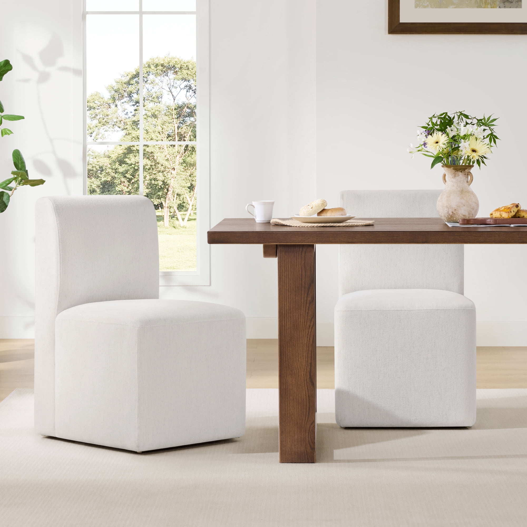Spruce & Spring Upholstered Dining Chairs with Hidden Casters Set of 2, Cream(Grey-flecked)
