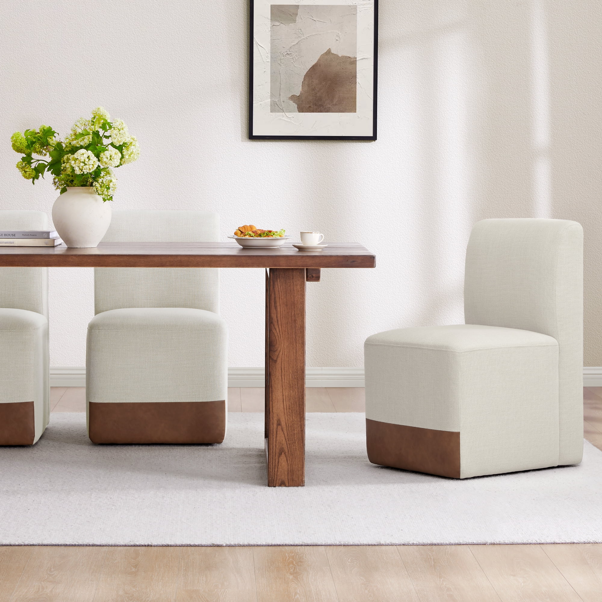 Spruce & Spring Upholstered Dining Chairs with Hidden Casters Set of 2, Linen & Cognac Brown