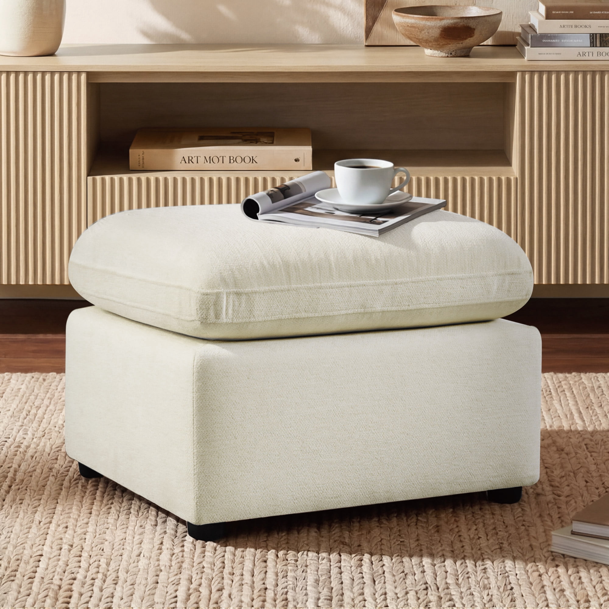 Spruce & Spring Upholstered Ottoman Footstool with Padded Cushion for Living Room and Bedroom, Cream White