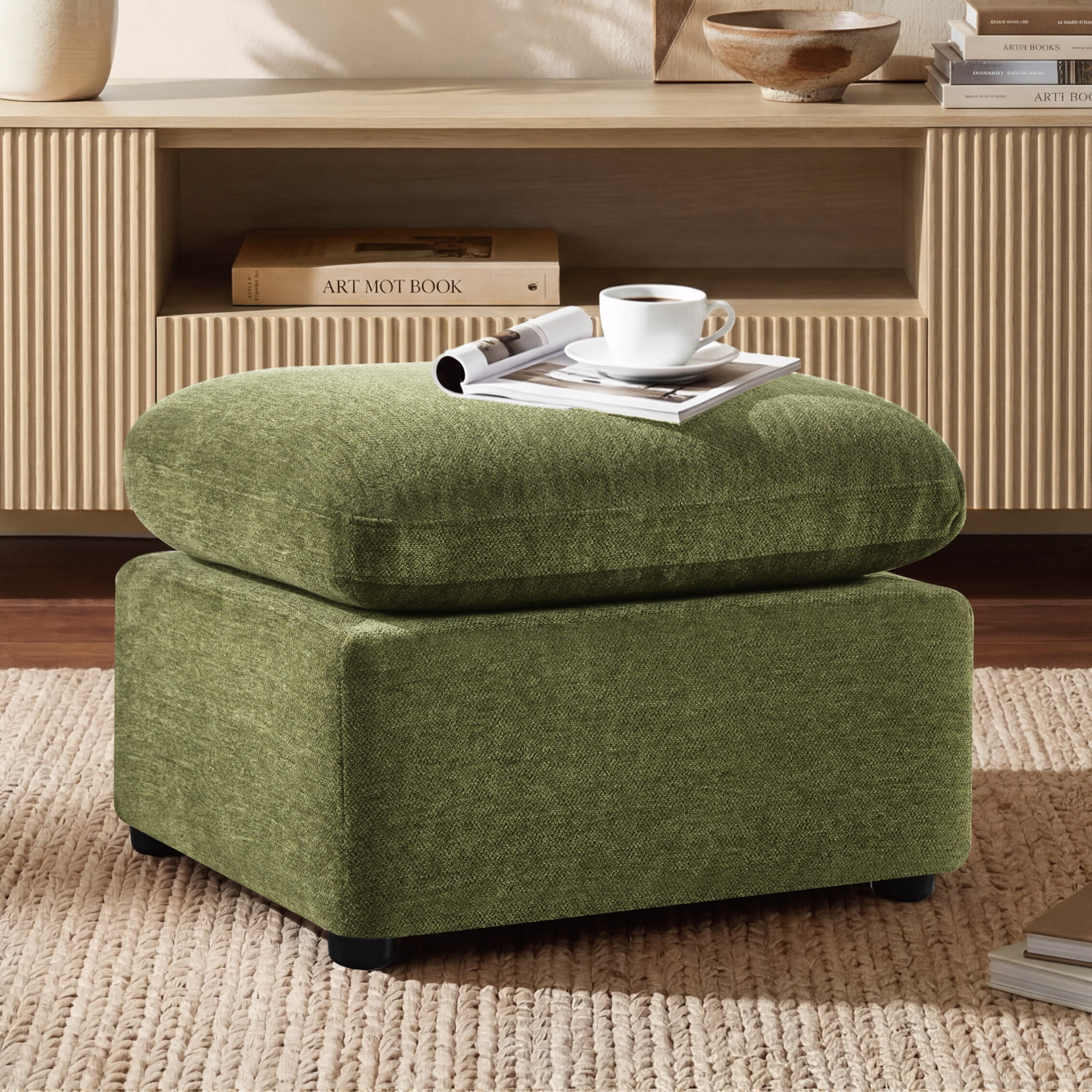 Spruce & Spring Upholstered Ottoman Footstool with Padded Cushion for Living Room and Bedroom, Green